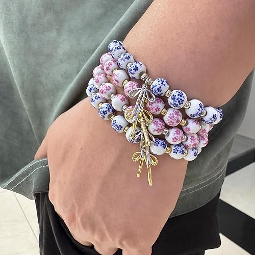 Miniatura 5 de Pulsera de cuentas vintage para mujer, diseño de lazo floral elástico hecho a mano, delicado regalo de joyería para ella, pulseras románticas