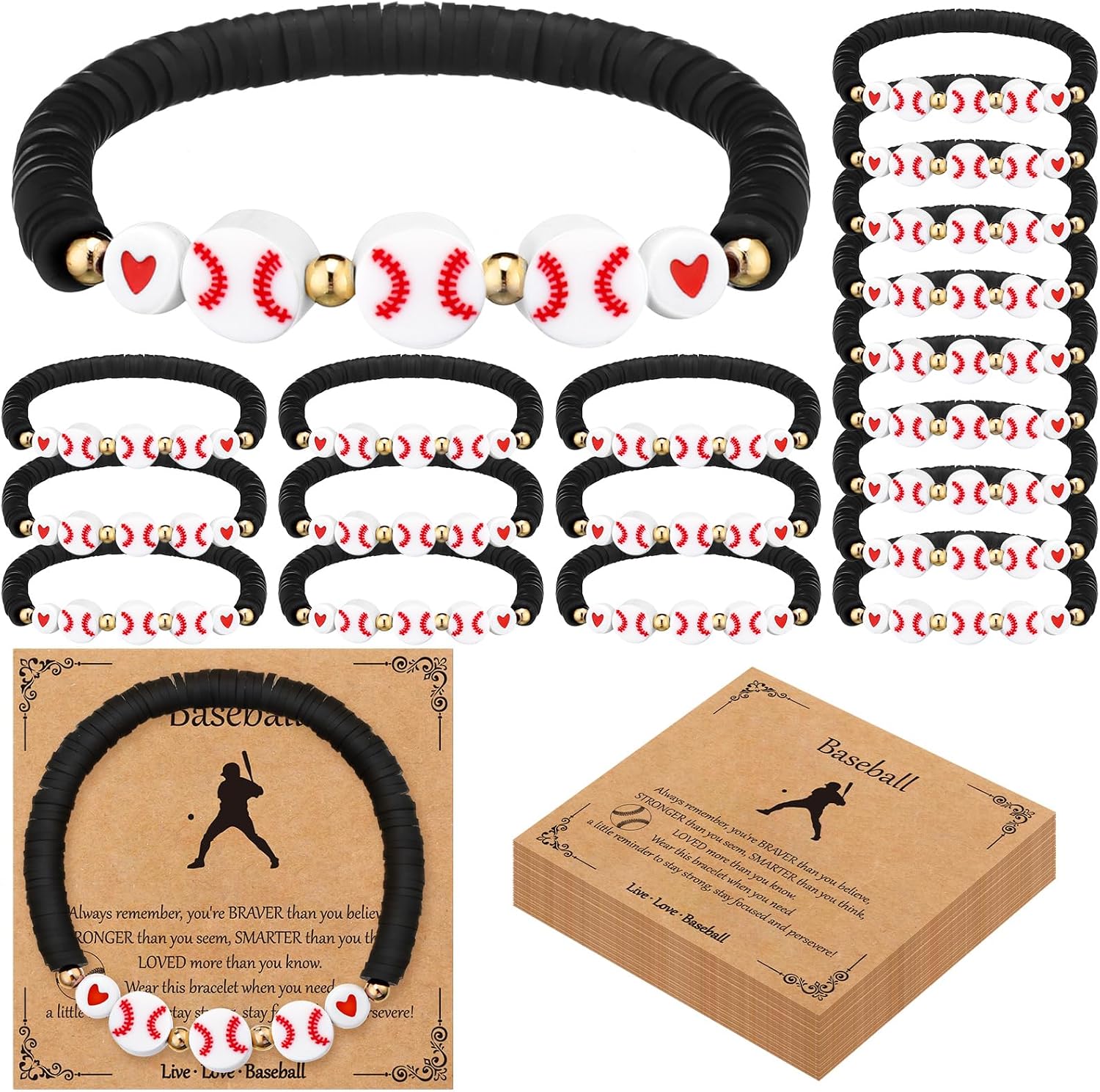 Ecation 20 Set Baseball Bracelets Team Gift Sport Bead Ball Bracelet Bulk Adjustable with Inspirational Card Charm Bracelets for Baseball Senior Night Gifts Sports Team Birthday Party