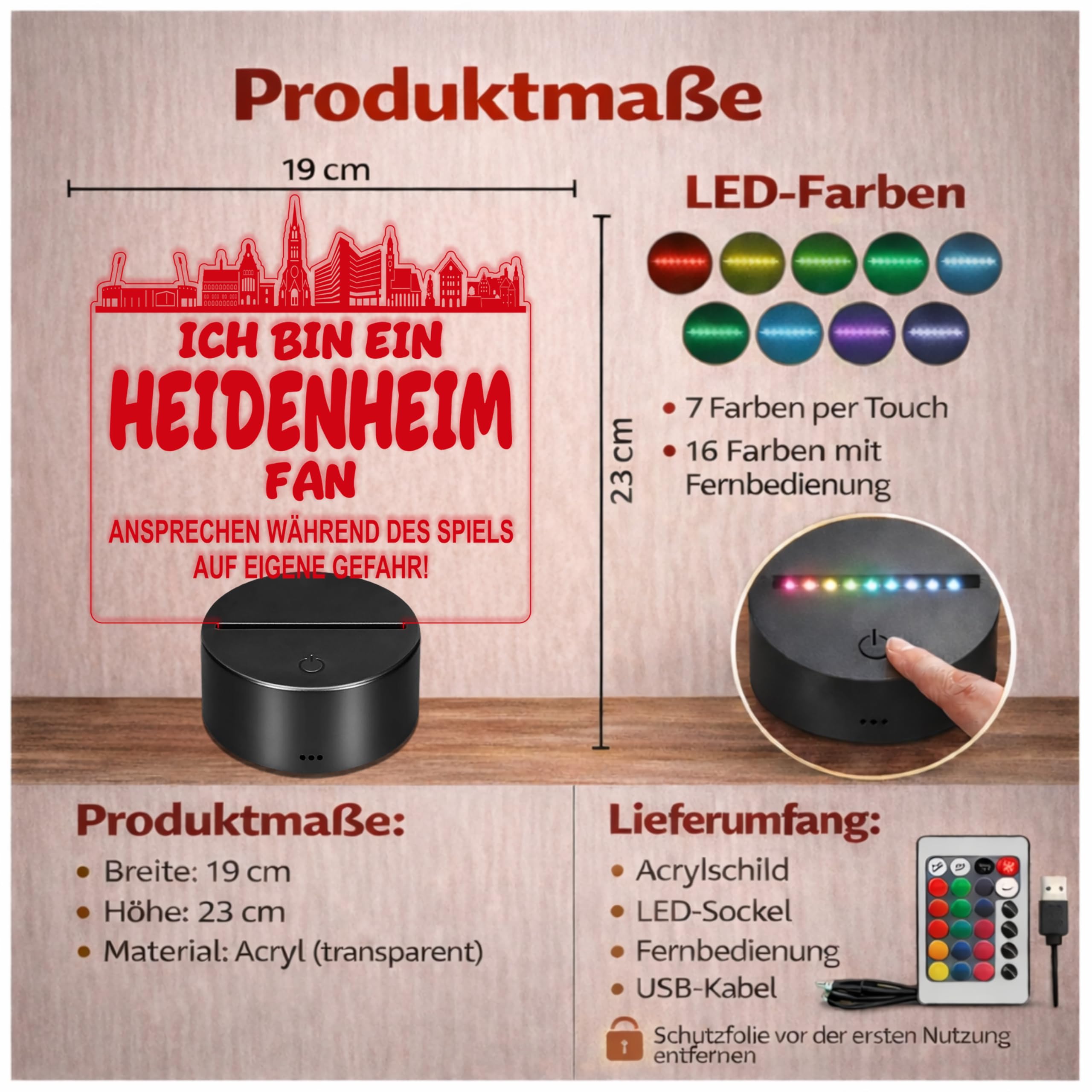 Lieblingsmensch Heidenheim Fan Fußball LED Nachtlicht – 3D Skyline Design „Ansprechen auf eigene Gefahr“ – RGB Farbwechsel mit Fernbedienung & Touch – Stimmungslicht für die Man Cave – 19x23cm