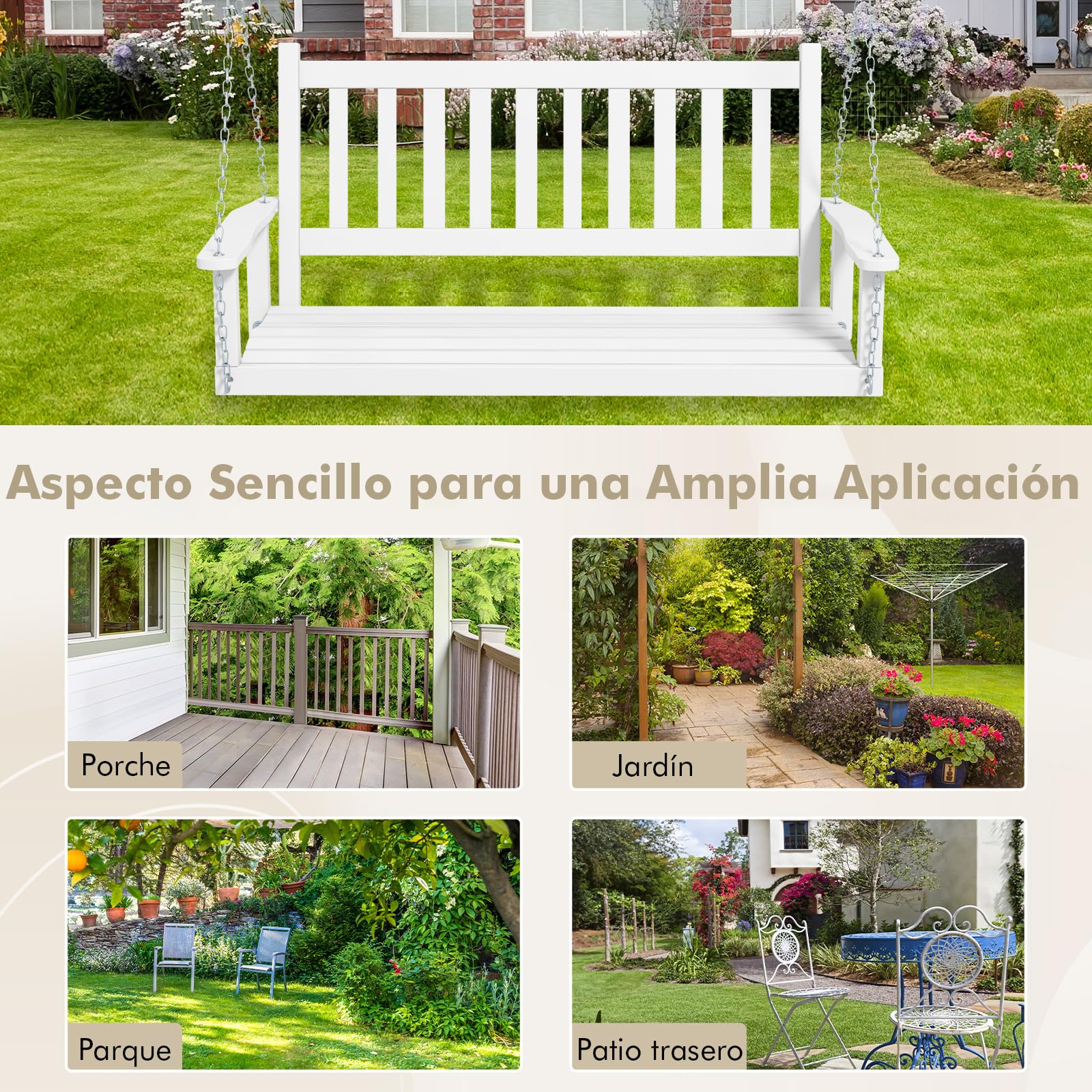 COSTWAY Banco Columpio de 2-3 Plazas, Banco Colgante de Jardín, Madera de Álamo, Cadenas Ajustables de 170cm, Respaldo de Listones (168 x 65 x 63 cm, Blanco)