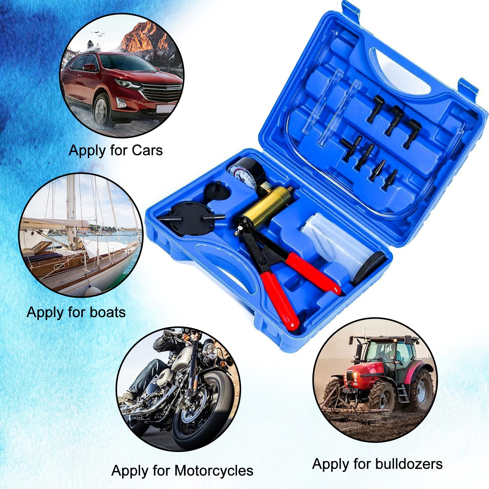 Vanwoke Pompe à Dépression Purge Purgeur Liquide de Frein Testeur à Vide Professionnel 2 en 1 Outil Kit Aspirateur Testeur pour Voiture Outil Manuelle Coffret Blue