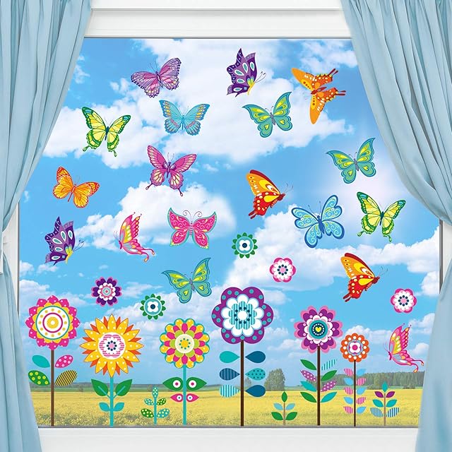 72 Pieces Large Size Spring Window Clings Flowers Butterfly Windows Clings Decals Anti Collision Glass Windows Stickers for Baby Shower Decoration Party Supplies