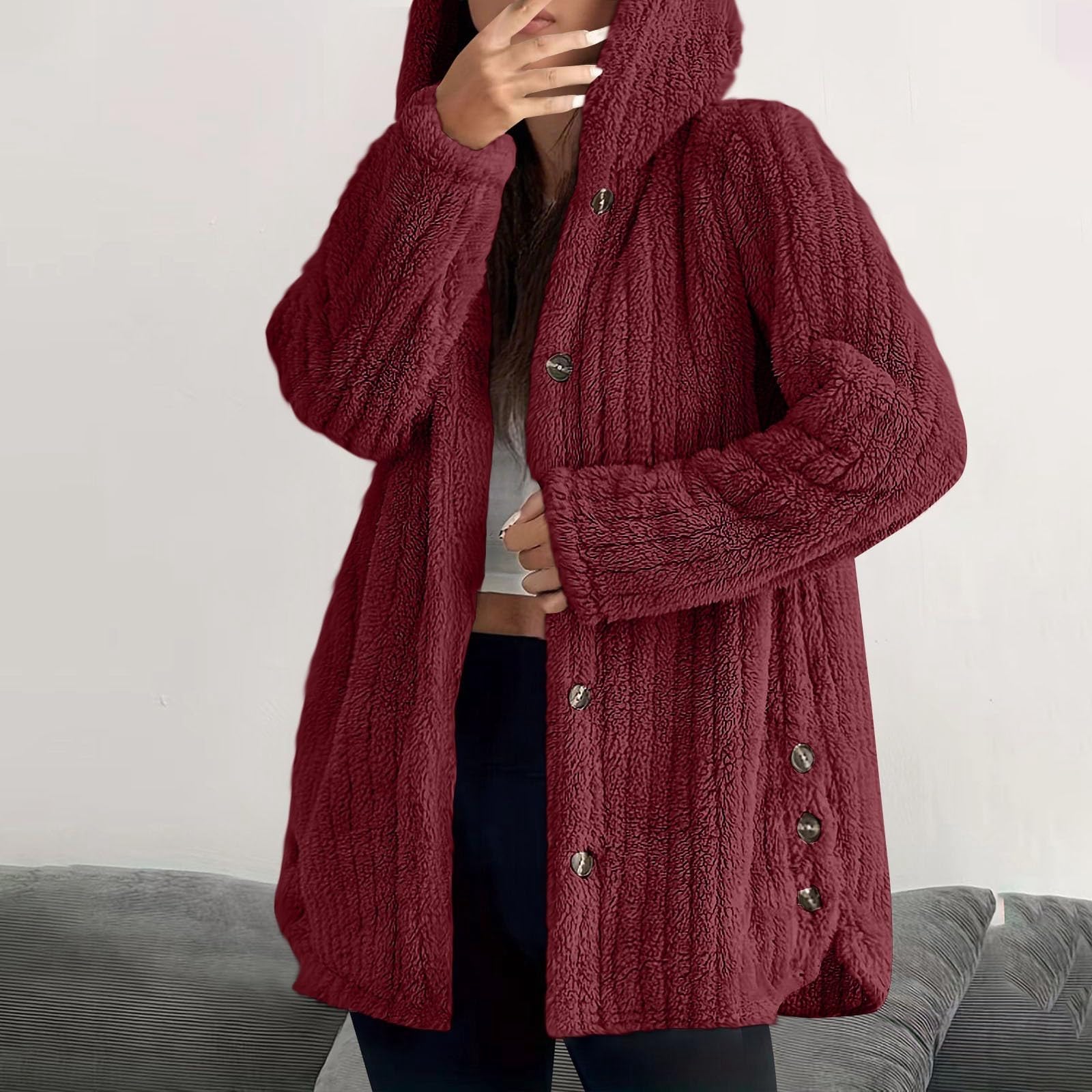 Chaqueta Mujer Invierno Abrigos De Cazadora Forro Polar，Chaqueta polar femenina capucha invierno abrigada manga larga botones holgada informal uso diario clásica