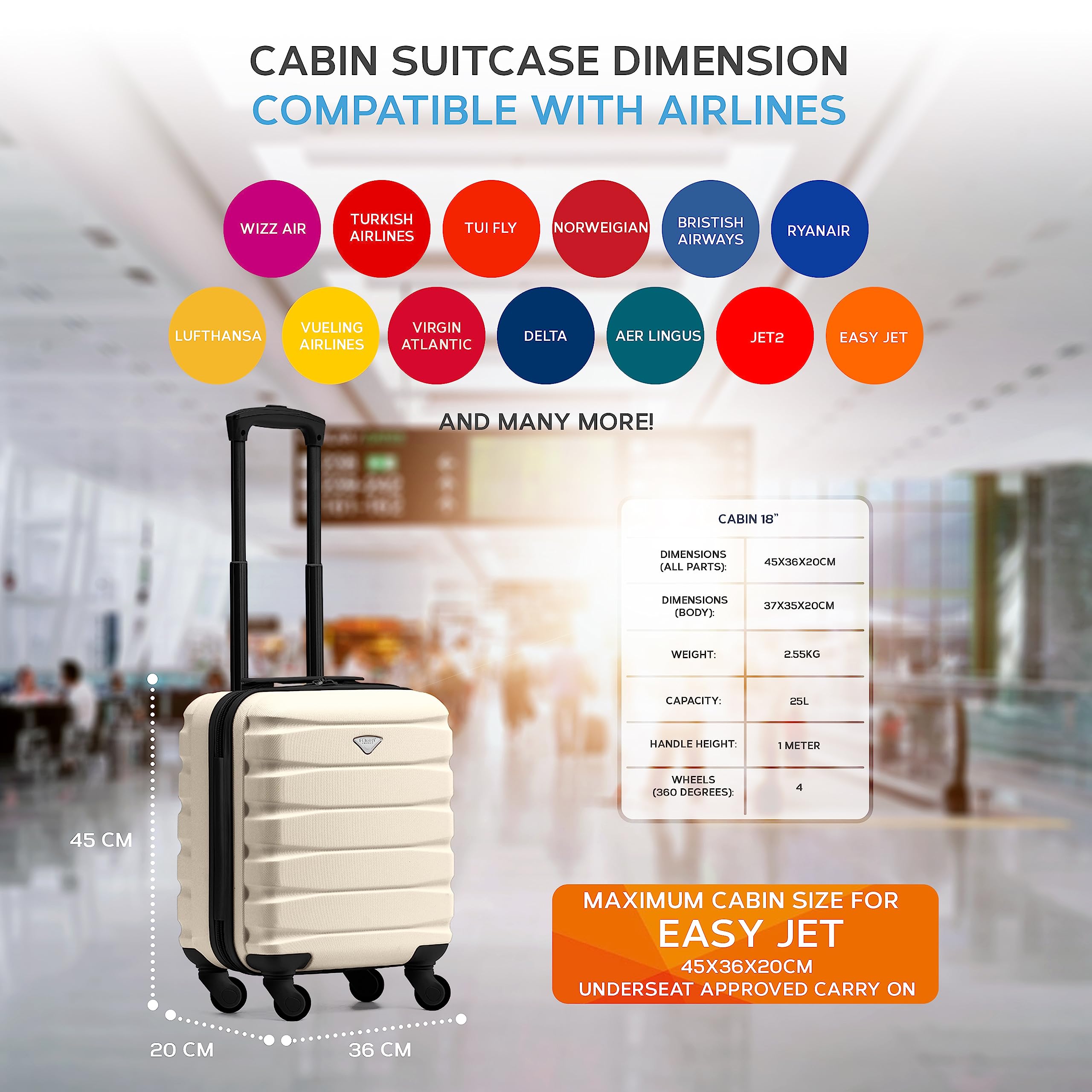 Flight Knight EasyJet Cabin Bag 45x36x20, Underseat, Lightweight Small Durable 4 Wheel Cabin Suitcase, Maximum Carry-On Size, ABS Hard Shell, 10kg Hand Luggage Bag- 45 x 36 x 20 cm Travel Bag