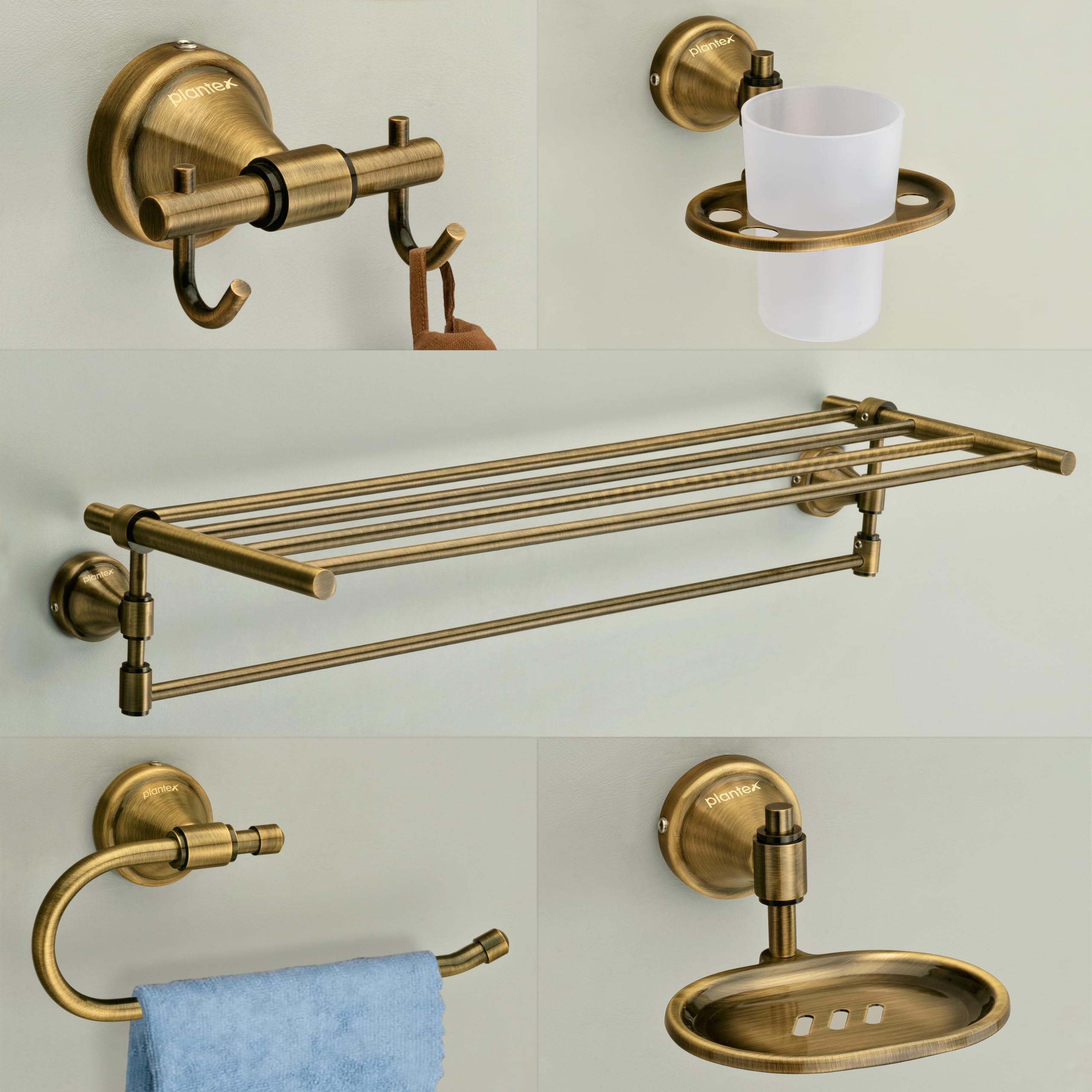 Plantex 304 Grade Stainless Steel Bathroom Accessories Set of 5 - Towel Stand/Napking Ring/Soap Dish/Toothbrush Stand/Robe Hanger - Niko (Brass Antique)
