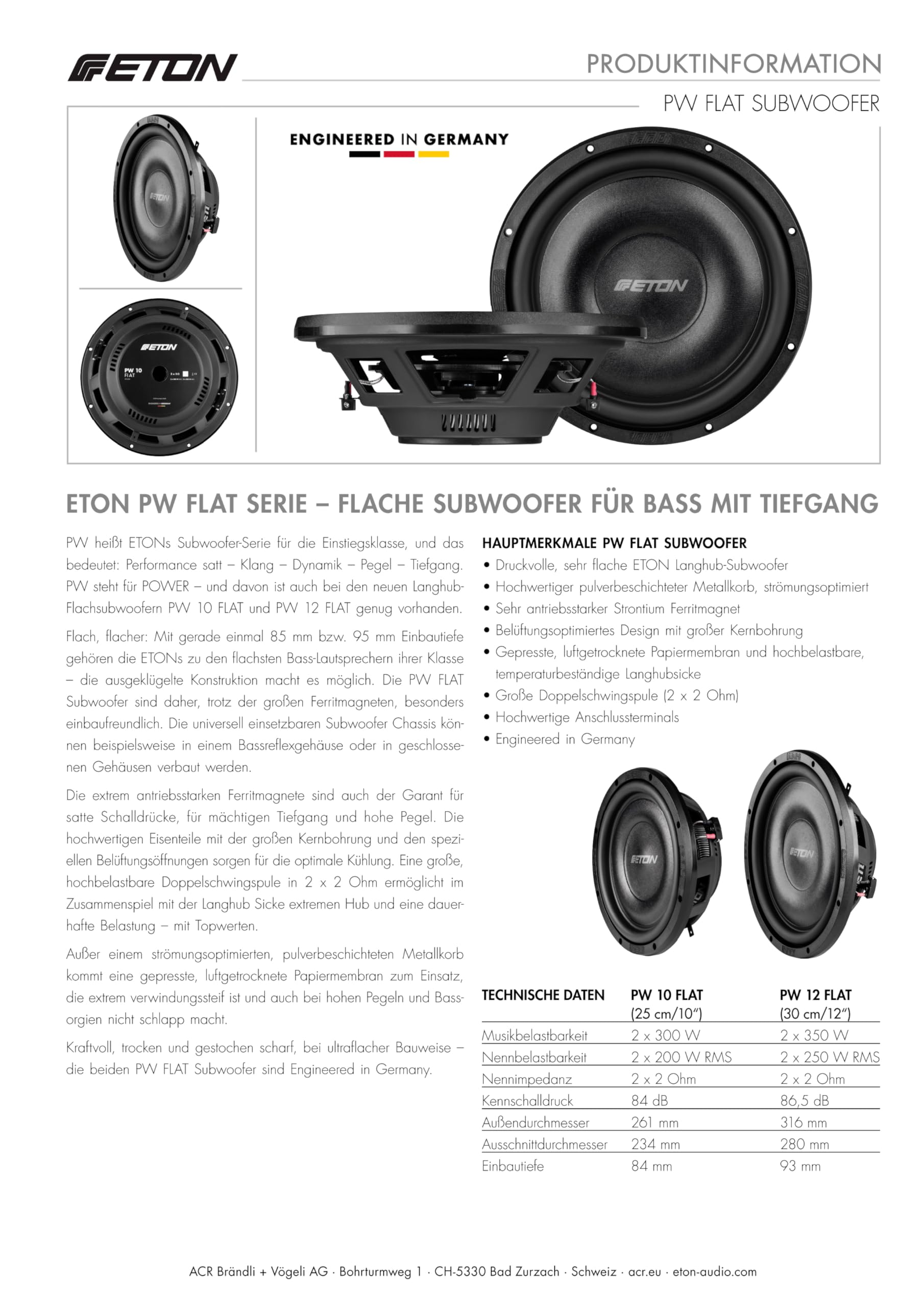 ETON PW 10 Flat – Druckvoller, Flacher 25 cm / 10 Zoll Langhub Subwoofer, Bass fürs Auto, Tiefton Lautsprecher mit Ferritmagnet, 2 x 2 Ohm Doppelschwingspule, 2 x 300 Watt