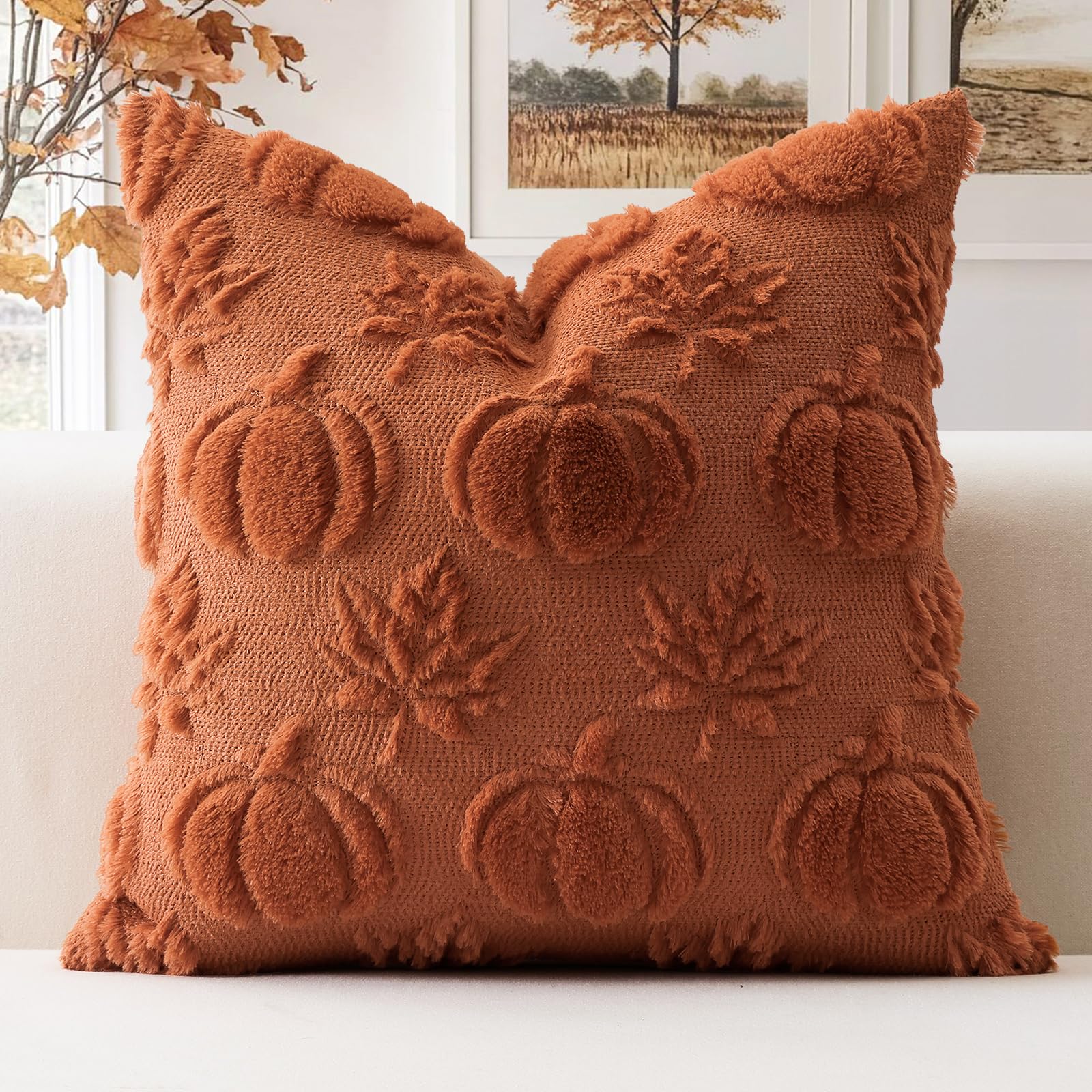 Artscope Fall Cushion Cover Set of 1 Autumn Pumpkin Maple Leaves Throw Pillow Covers for Sofa Couch Bed Living Room Soft Plush Short Wool Velvet Pillowcase for Halloween 55x55cm Rust