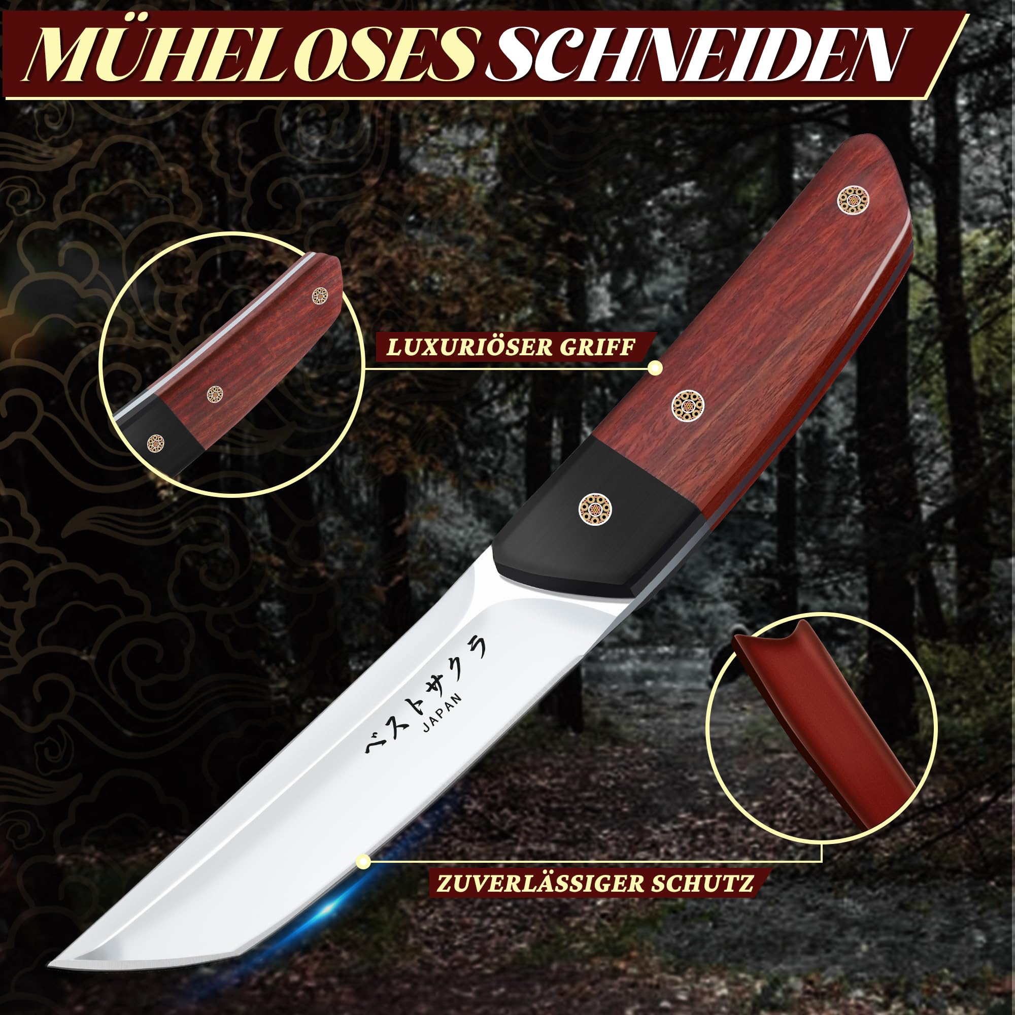 Japanisc-Tanto-Outdoor-Messer mit feststehender Klinge – Robustes Survivalmesser aus D2-Edelstahl mit Holzscheide, Geeignet für Wanderungen, Bergsteigen, Dschungeltrekking Geschenke zum Sammeln