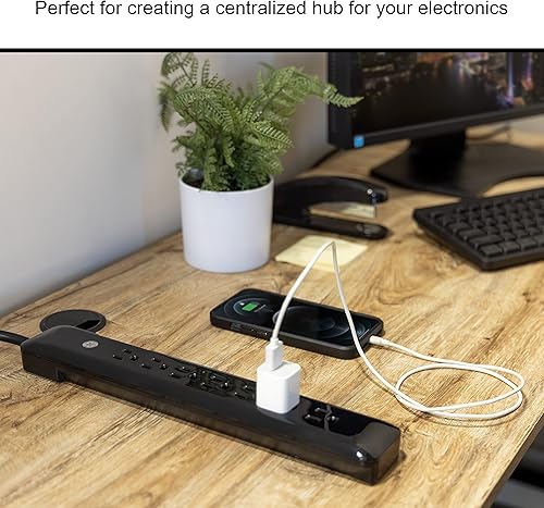 Miniatura 7 de GE 34460 Protector de sobretensiones de 7 tomas, cable de alimentación de 4 pies, 1080 julios, enchufe plano, filtro de potencia, disyuntor,