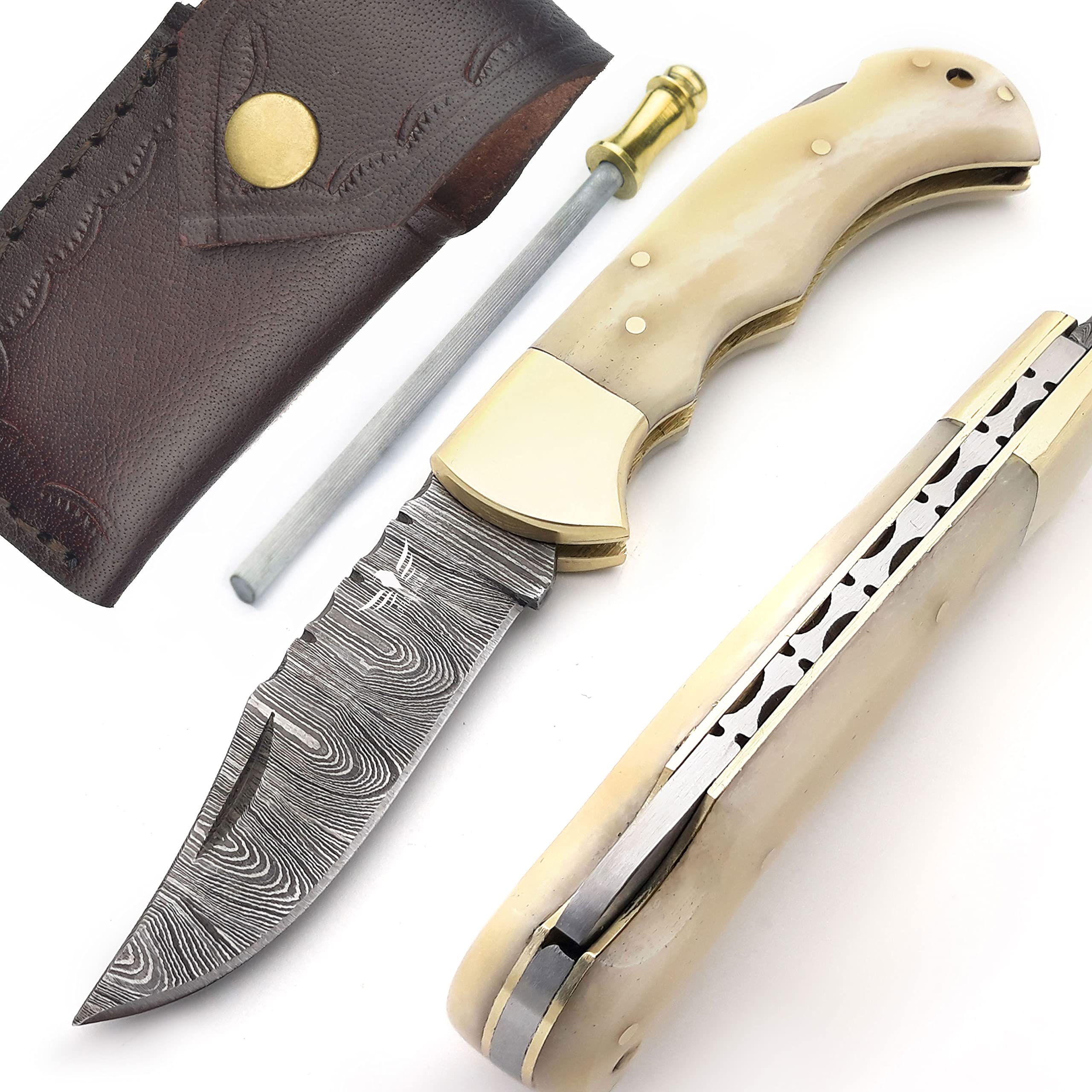 Damascus Pocket Knife for Men - 133 Layer Solid Steel Handmade Folding Hunting Knives with Sharpner and Leather Pouch - Best Knife for Camping Hunting Hiking - Father’s Day Gifts for Men Husband Dad