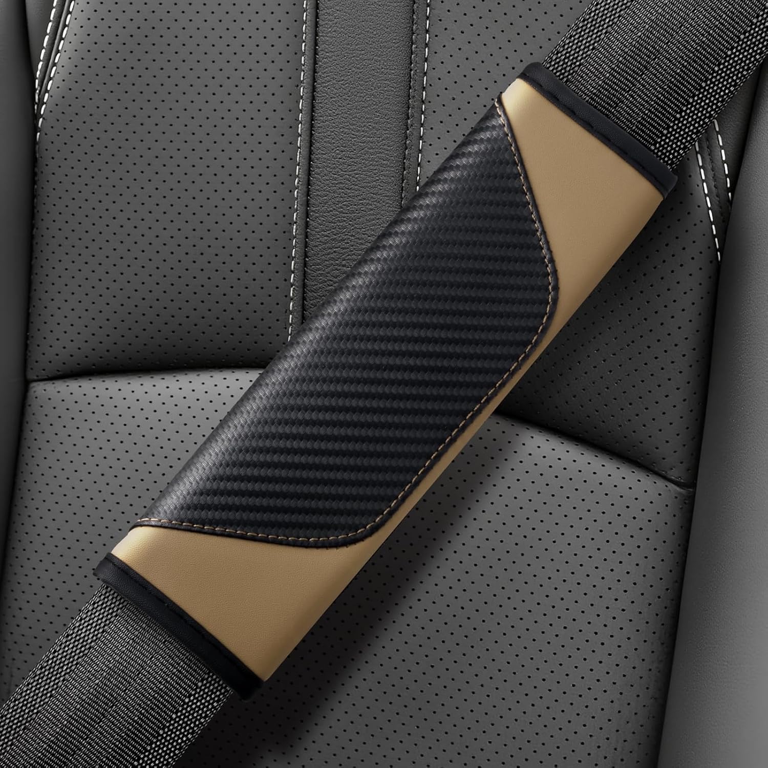 ZHANGJF 2-piece carbon fibre seat belt cushion shoulder pads for Benz EQE SUV 2025, soft car safety belt cover pads, interior accessories,Brown/C