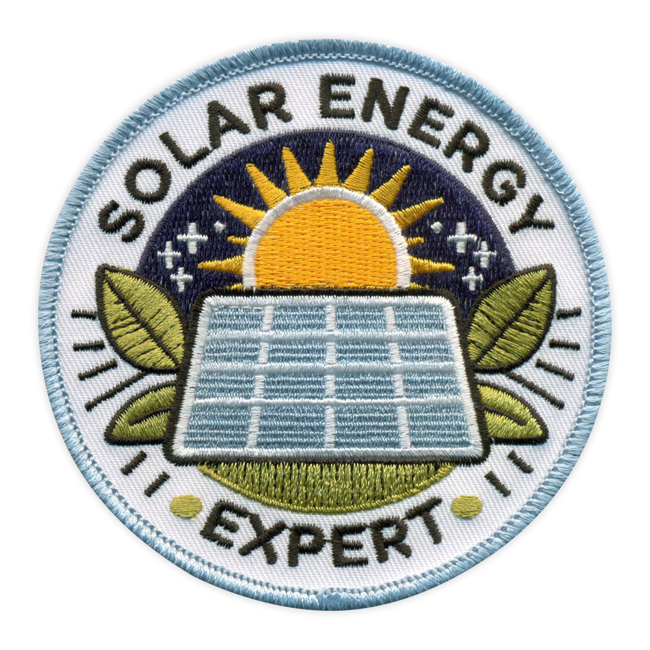 Set di quattro toppe rotonde con sfondo bianco – Solar Energy Expert – nero VEIcro/retro con – toppa ricamata/badge/emblema