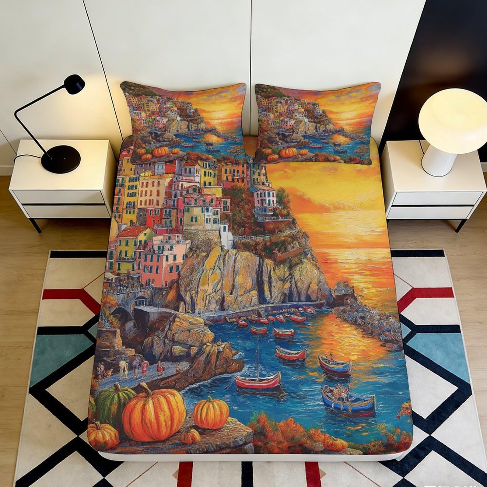 3D Printed Coastal Village Sunset Fitted Sheet Microfiber Soft Art Pumpkin Bed Cover for Bedroom Guest Room 90x200x25cm