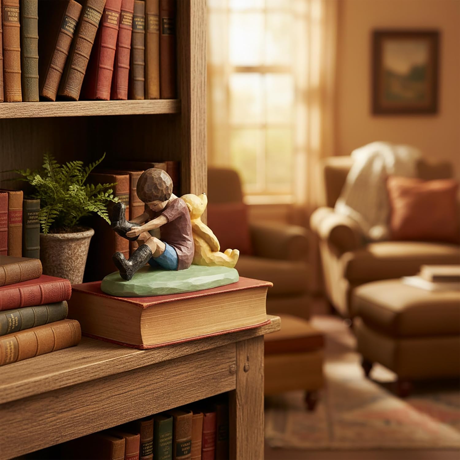 Napco 7 x 5 Christopher & Pooh Classic Yellow Bear Hand-Painted Resin Friendship Sculpture, Whimsical Childhood Collectible, Heartwarming Home Décor Accent and Gift for Kids, Parents & Collectors