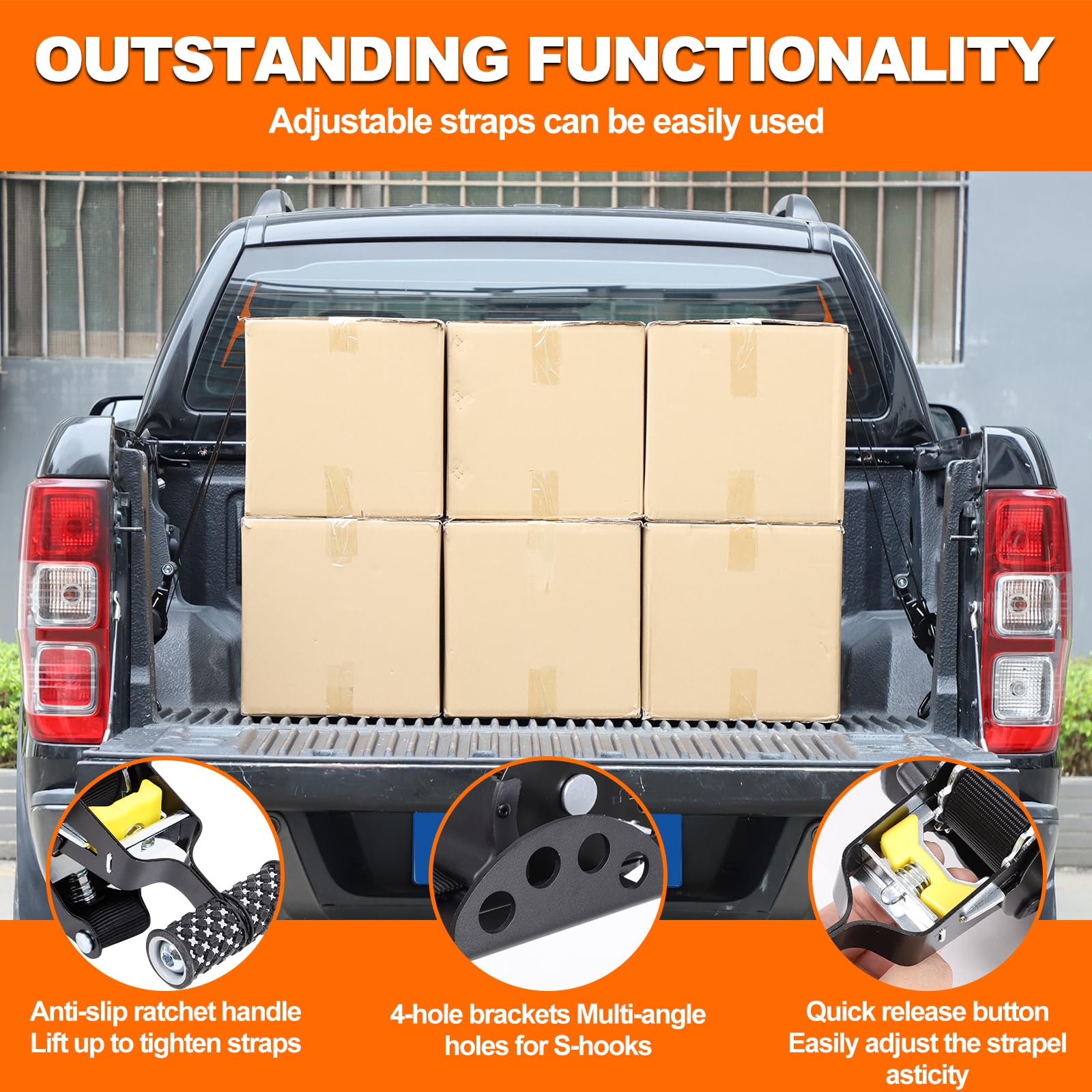 2 Stück Einziehbare Ratschengurte Automatik Spanngurt kompatibel mit Ford Ranger (ab 2023) Einziehbare Gurte -Spanngurte mit Ratsche - Ladungssicherung für Pick-up Ladefläche, Transport & Camping