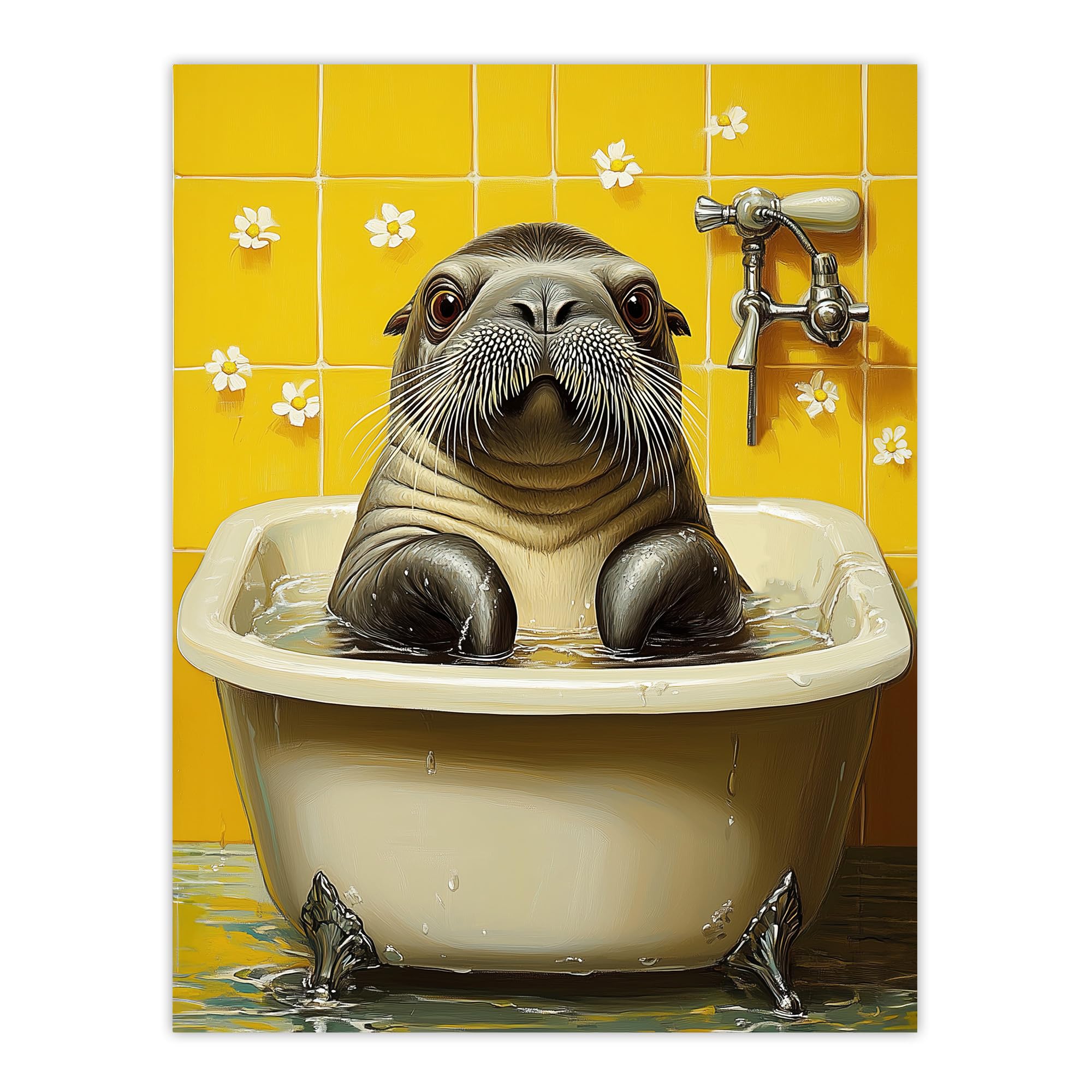 Artery8 Cute Walrus Yellow Bathroom Bathtub Bath Time Bathroom Toilet Extra Large XL Wall Art Poster Print