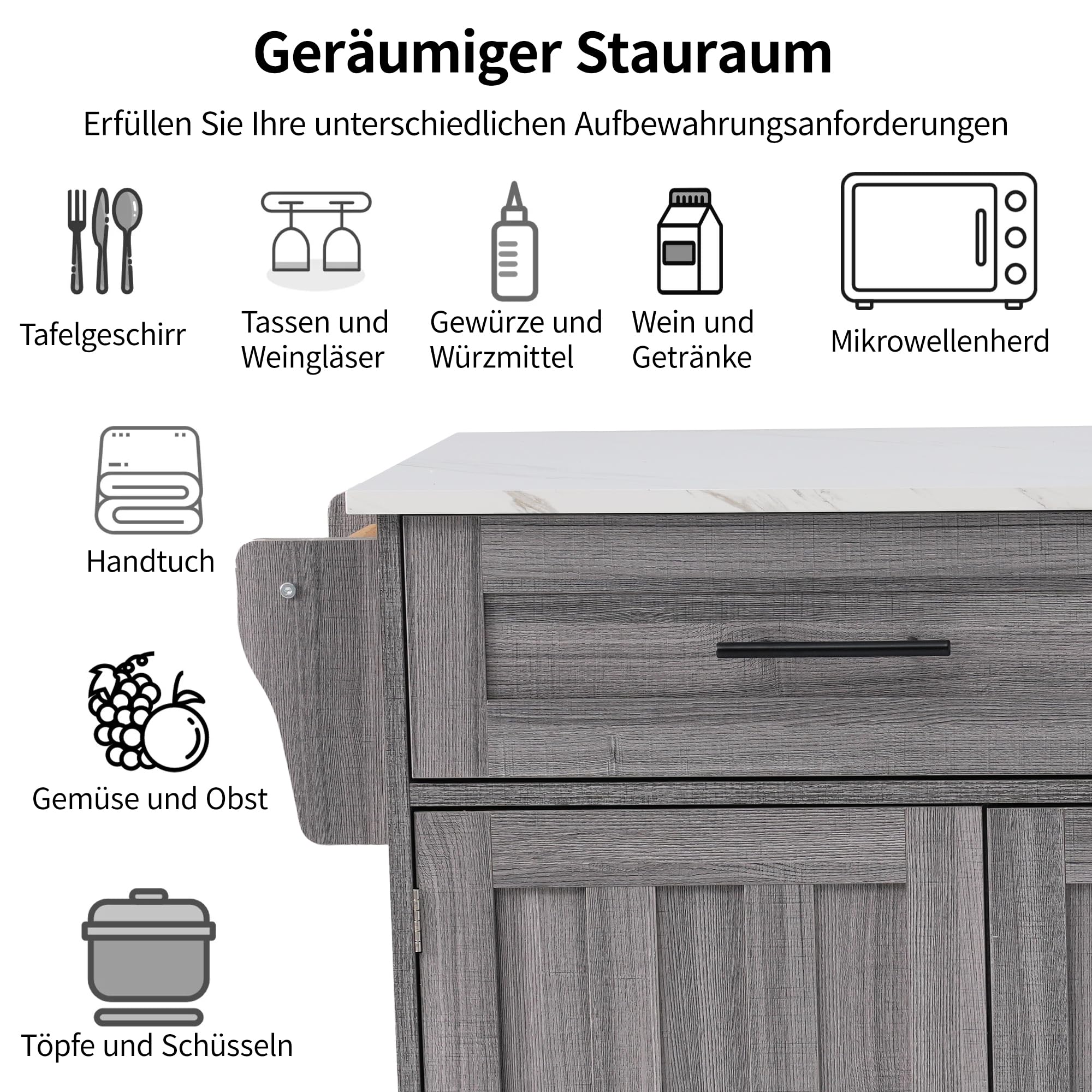 Isola da cucina autoportante con piano di lavoro pieghevole, mobile da cucina su 5 ruote, con ripiano e 2 cassetti, per cucina e sala da pranzo, 129 x 46 (71) x 91,5 cm (grigio - A)
