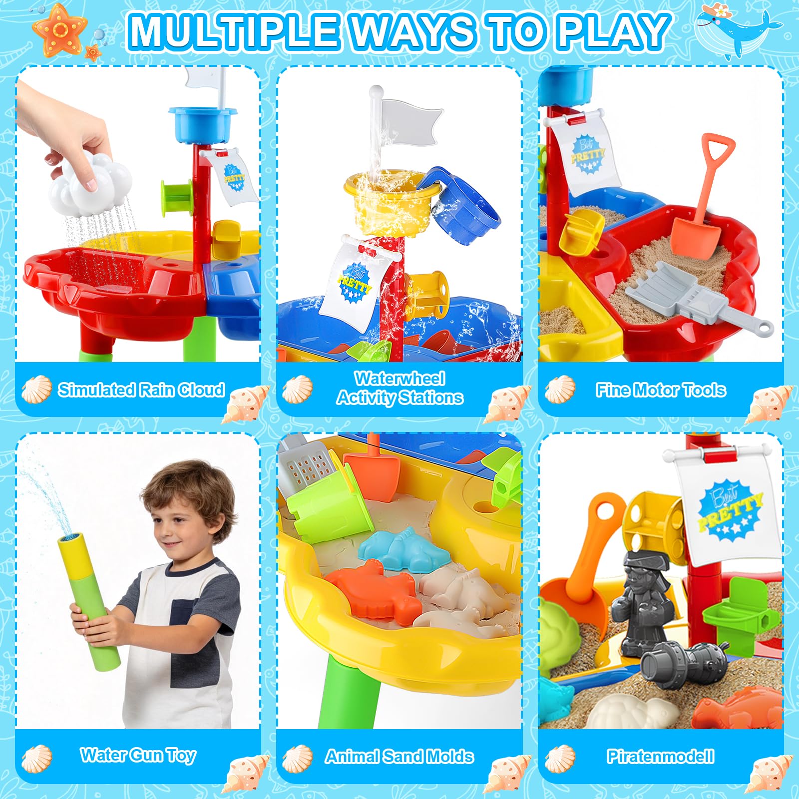 deAO Mesa de Agua y Arena Mesita Infantil para Juegos y Actividades Infantiles al Exterior Incluye Accesorios y Moldes con Diseño Multicolor