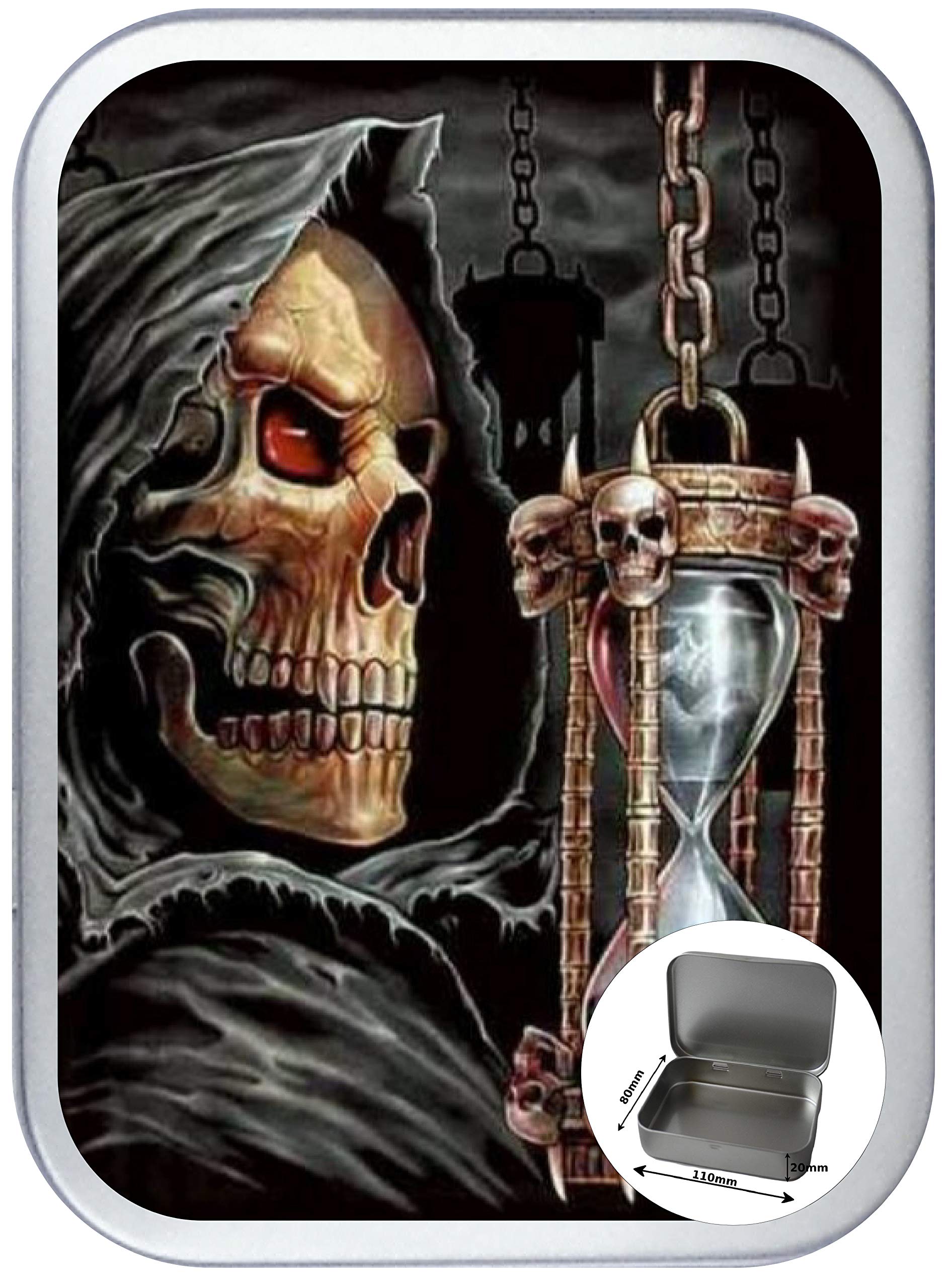 TEEZ Grim Reaper Hourglass 150ml Silver Hinged Tobacco Tin, Hinged 2oz Tobacco Tin
