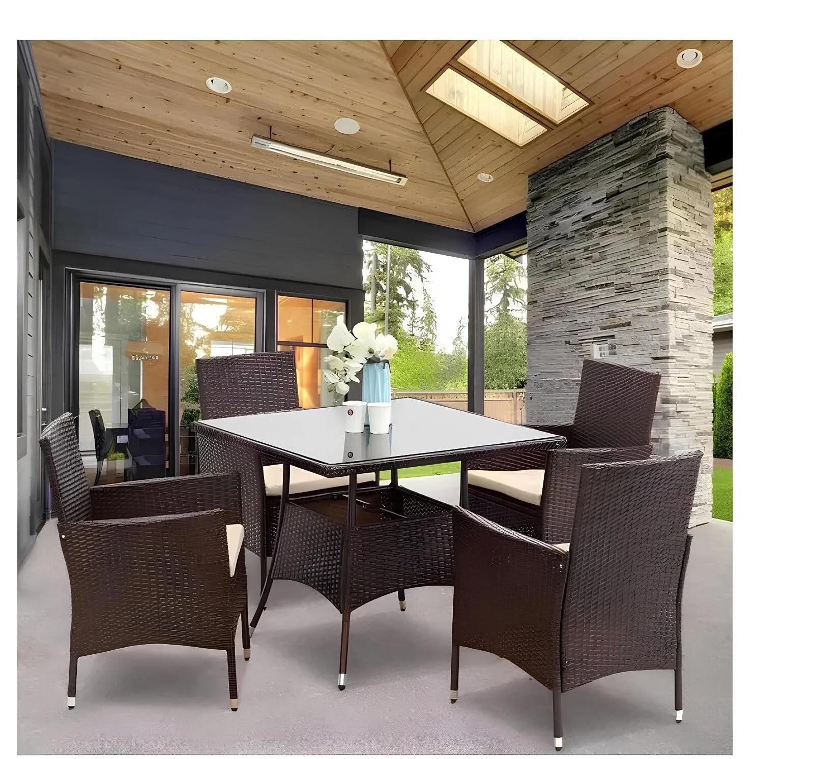 IE INTERIOR EMPORIUM Patio Dining Set for 4 – Elegant Brown Rattan Chairs & Glass Top Table, Outdoor Garden Furniture Set with Cushioned Armchairs, Waterproof Rain Cover Included, Weather-Resistant