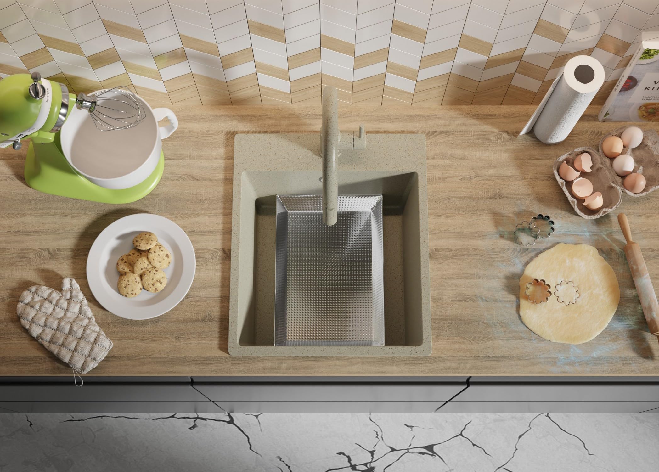 PRIMAGRAN Fregadero Granito Todo Beige - Riga, 43x50cm | Cocina 1 Seno + Grifo 40x20cm + Set de accesorios, sobre Encimera al Mueble 45cm (S150)