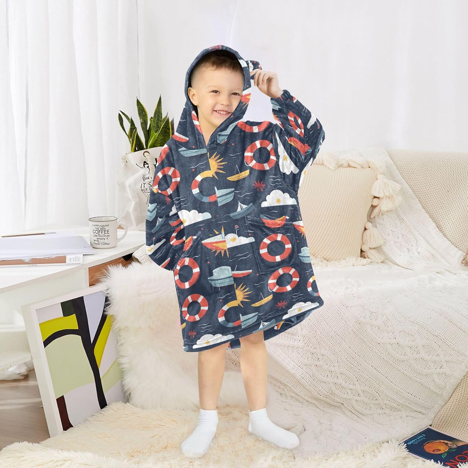 Beach Wave Sailboat Kids Wearable Blanket Hoodie with Pocket and Sleeves for Toddlers, Cute Hoodies Girls B0403823