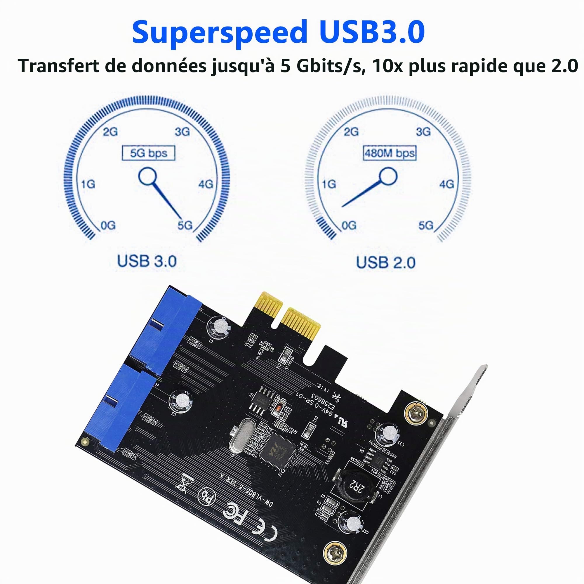 SINLOON PCI Express vers double carte USB 3.0 19 broches PCI-e vers adaptateur de ports mâles internes 20 broches pour PC (19 broches)