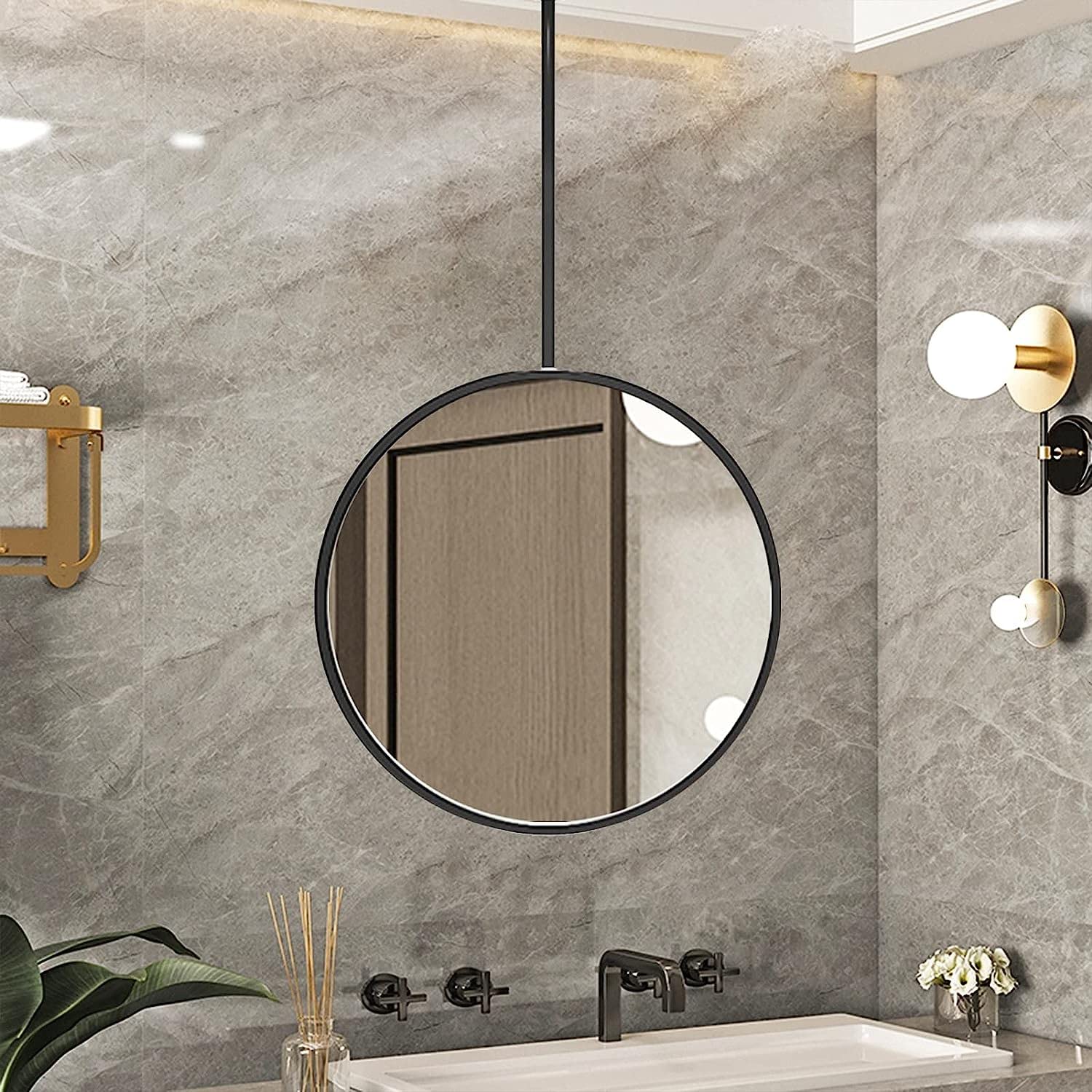 Miroir suspendu de salle de bain flottant noir Ø40cm entrée salon