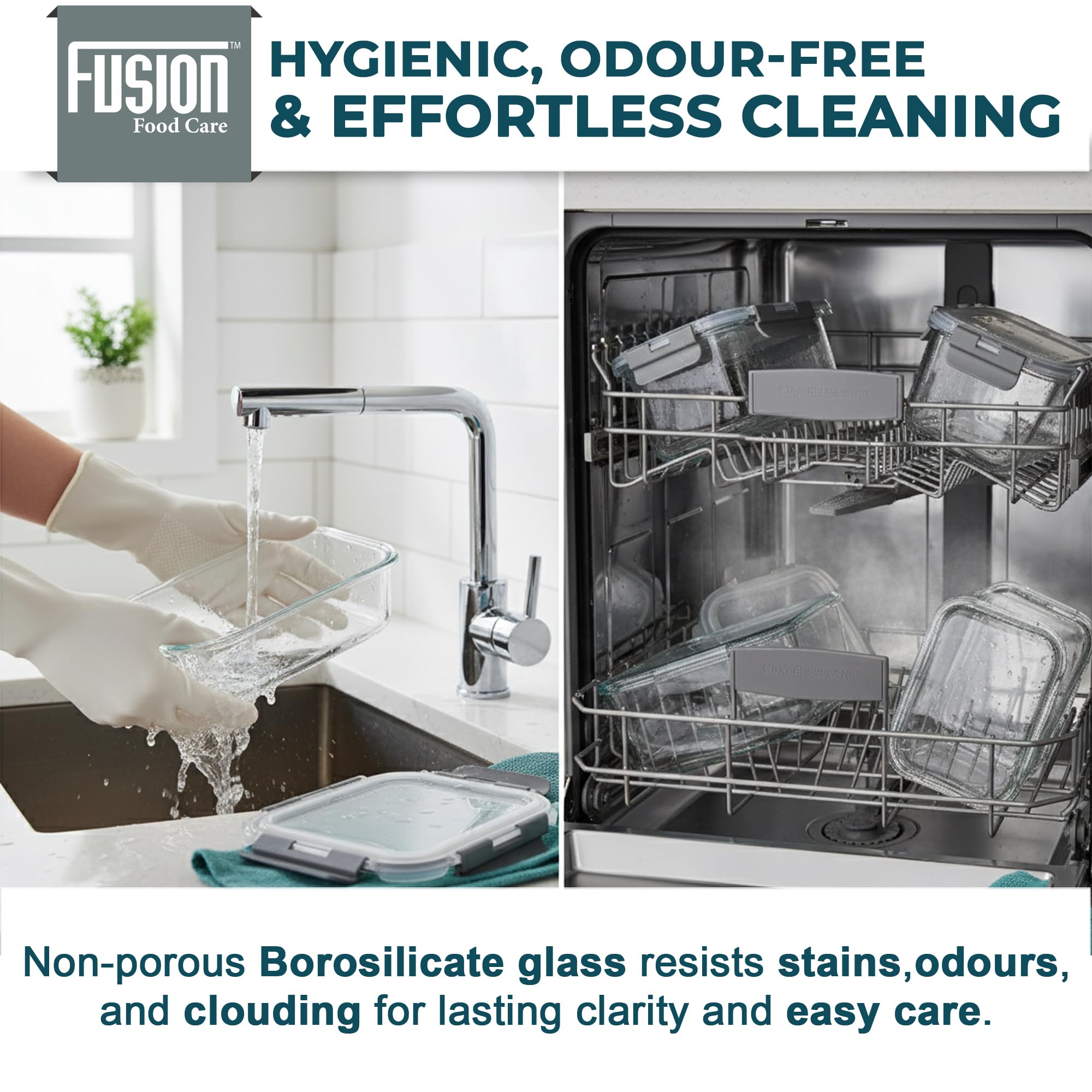 Fusion - Contenitori per alimenti con coperchi ermetici, confezione da 5, 1040 ml, in vetro, adatti per forno, microonde, congelatore e lavastoviglie, senza BPA, resistenti alle perdite