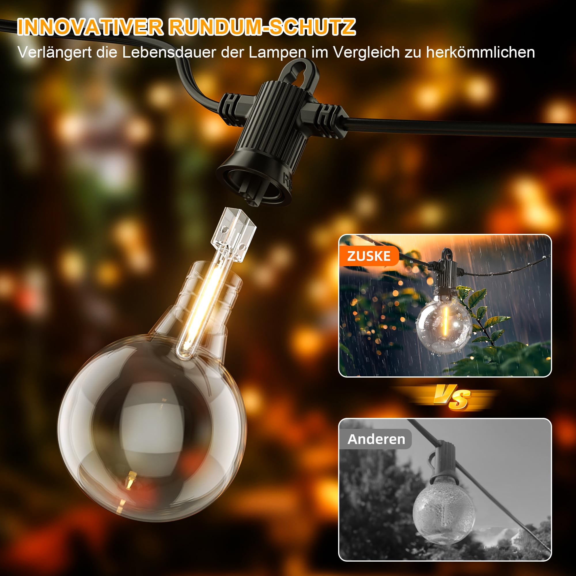 Zuske 30M Lichterkette Außen Strom, dimmbare Lichterkette Outdoor mit 30+2 G40 Glühbirnen, IP65 Wasserdicht Lichterkette für Garten Partys Balkon Hochzeit (Warmgelb, Warmweiß, Neutralweiß, Kaltweiß)