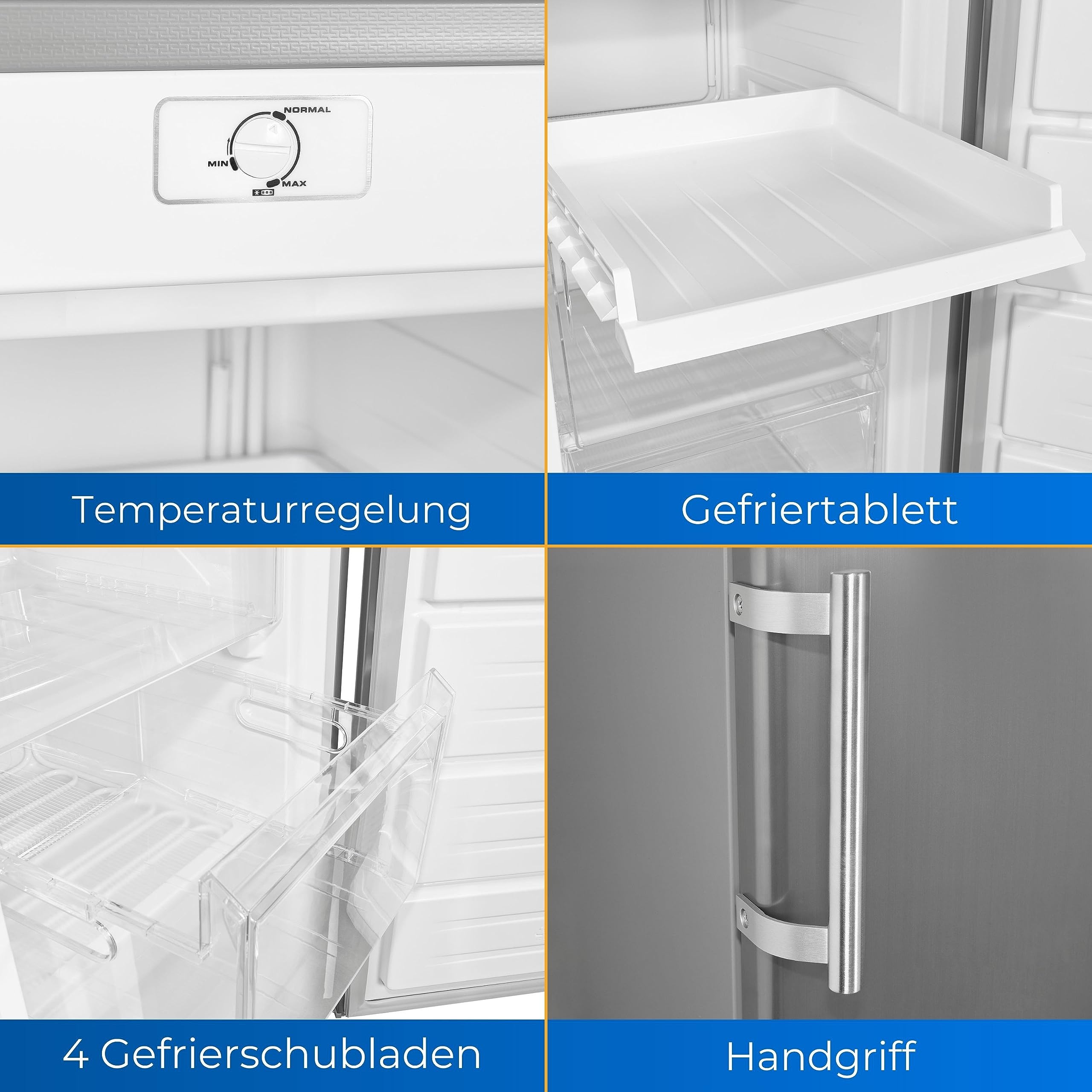 Exquisit GS230-H-040E Gefrierschrank Inoxlook - 168 L Tiefkühlschrank E | Großer 4 Sterne Standgefrierschrank mit 55 cm Breite, Edelstahloptik, 5 Gefrierschubladen, Rollen und 190 kWh/Jahr