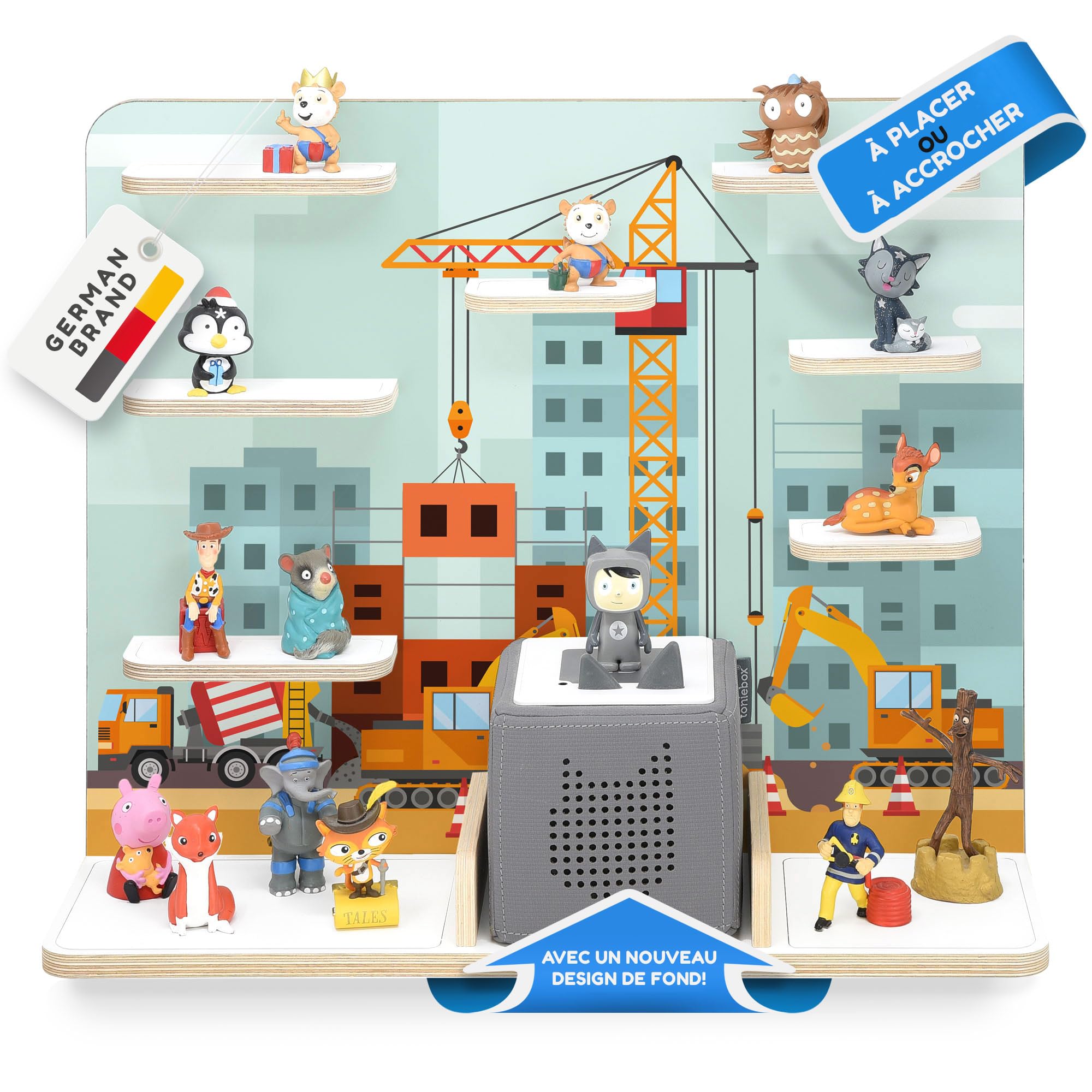 stadtecken Étagère en Bois | Support Mural Compatible avec Toniebox et env. 50 Tonies | Rangement Chambre d'enfant | À Poser ou à Suspendre (Chantier, Grand modèle)