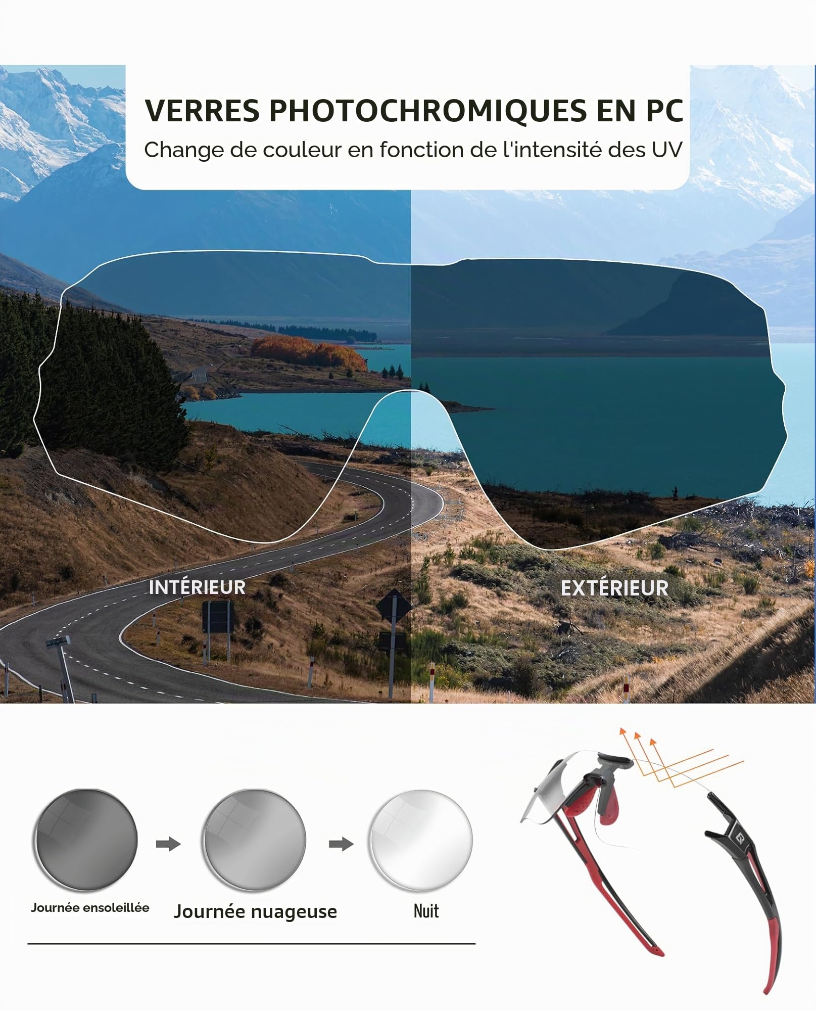 ROCKBROS Lunettes de Soleil Photochromiques Hommes Vélo, Cyclisme Lunettes Demi-Monture Polarisées Sport VTT Pêche Running