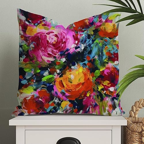 Miniatura 1 de Funda de cojín de 18 x 18 pulgadas con diseño floral de rosa brillante y colorida, funda de almohada de inspiración asiática Eurosham Accent Toss