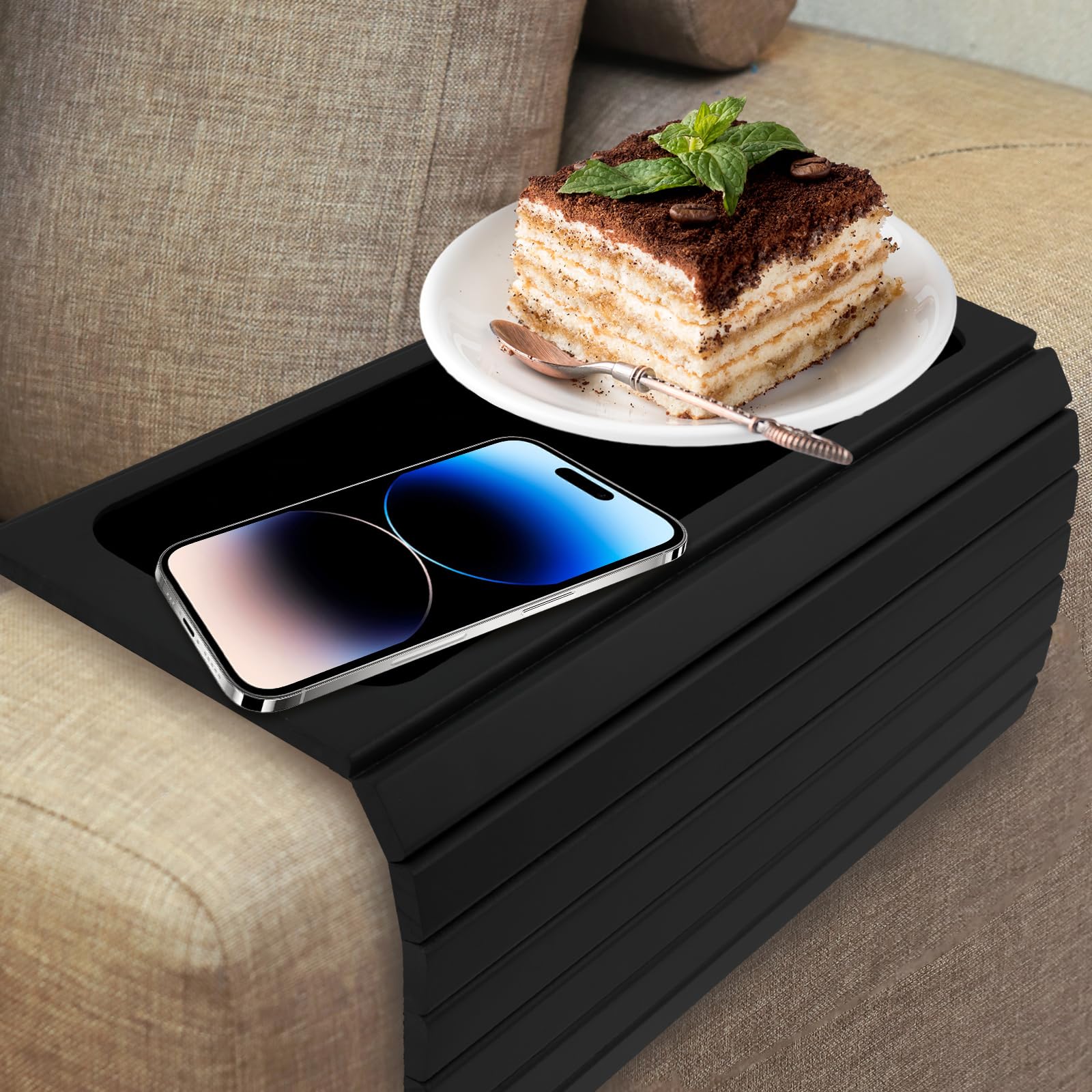 2Pcs Sofa Arm Tray Foldable Bamboo Wood Sofa Armrest Table Easy Assembly Square Couch Protector Tray Anti-Slip Couch Arm Trays Organiser for Drinks, Snack, Magazine, and Remote