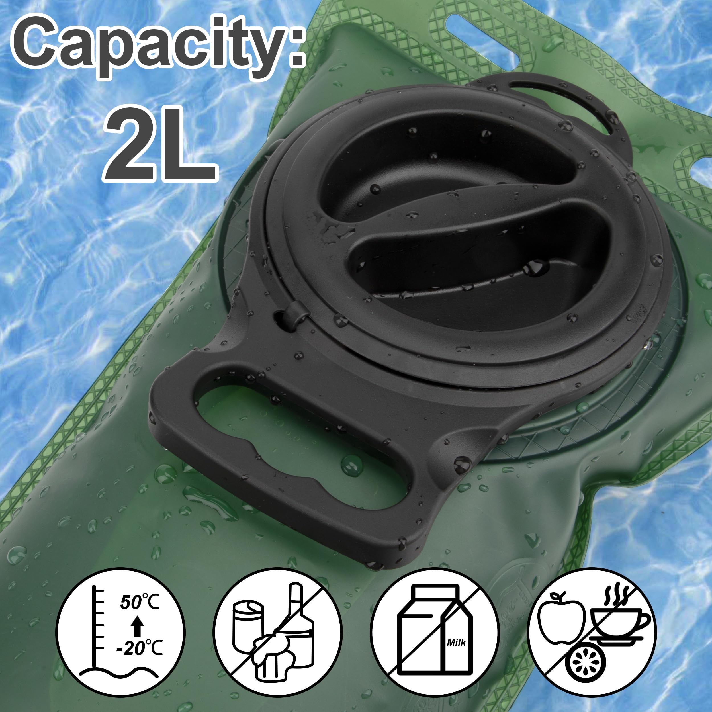 Bolsa de Hidratación 2L Bolsa de Agua Verde Portátil con Tubo para Beber para Ciclismo Escalada Senderismo al Aire Libre