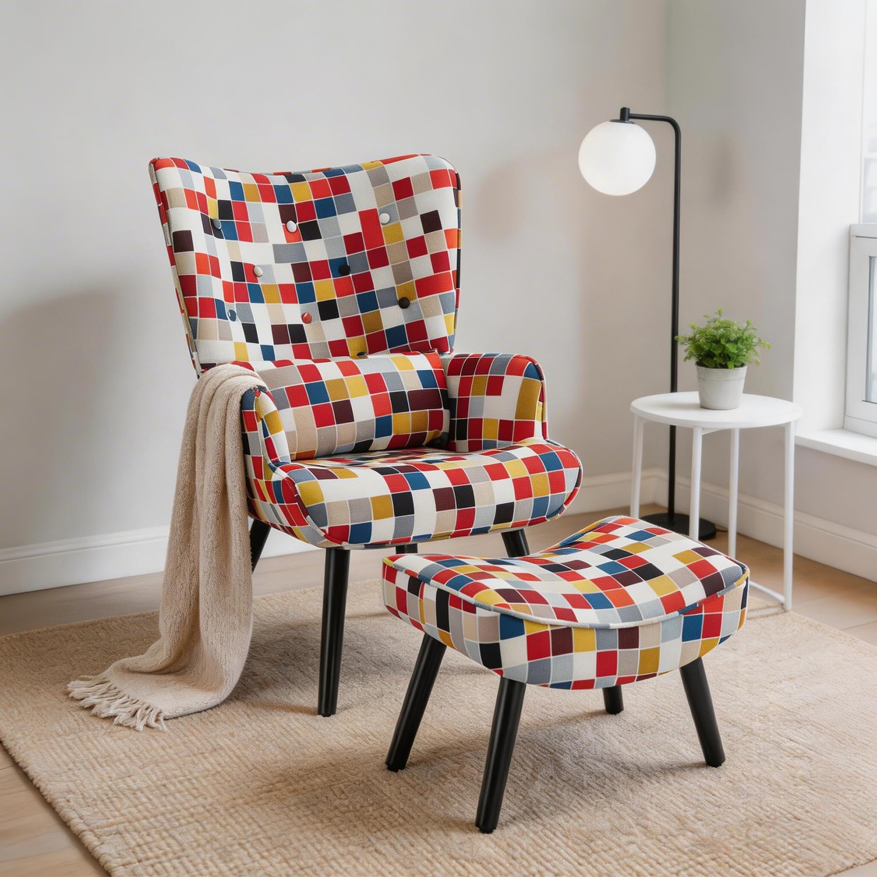 Fauteuil Patchwork Scandinave avec Repose-Pieds Support Lombaire | Fauteuil de Lecture Confortable avec Bois Massif, Tissu Lin et Design Ergonomique, pour Salon, Chambre ou Balcon