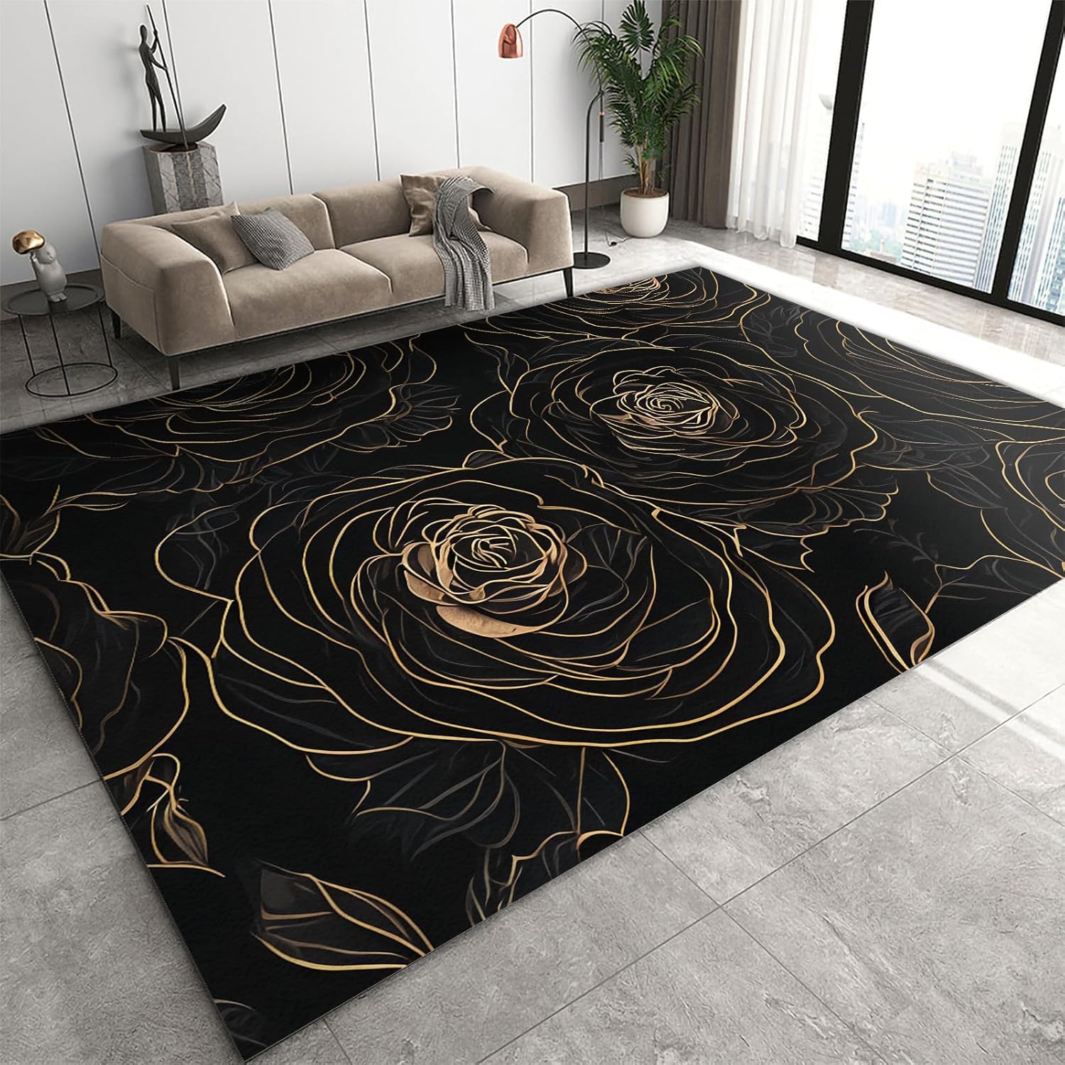 Tapis de salon antidérapant et doux à motif floral 3D, 120x160 cm lavable