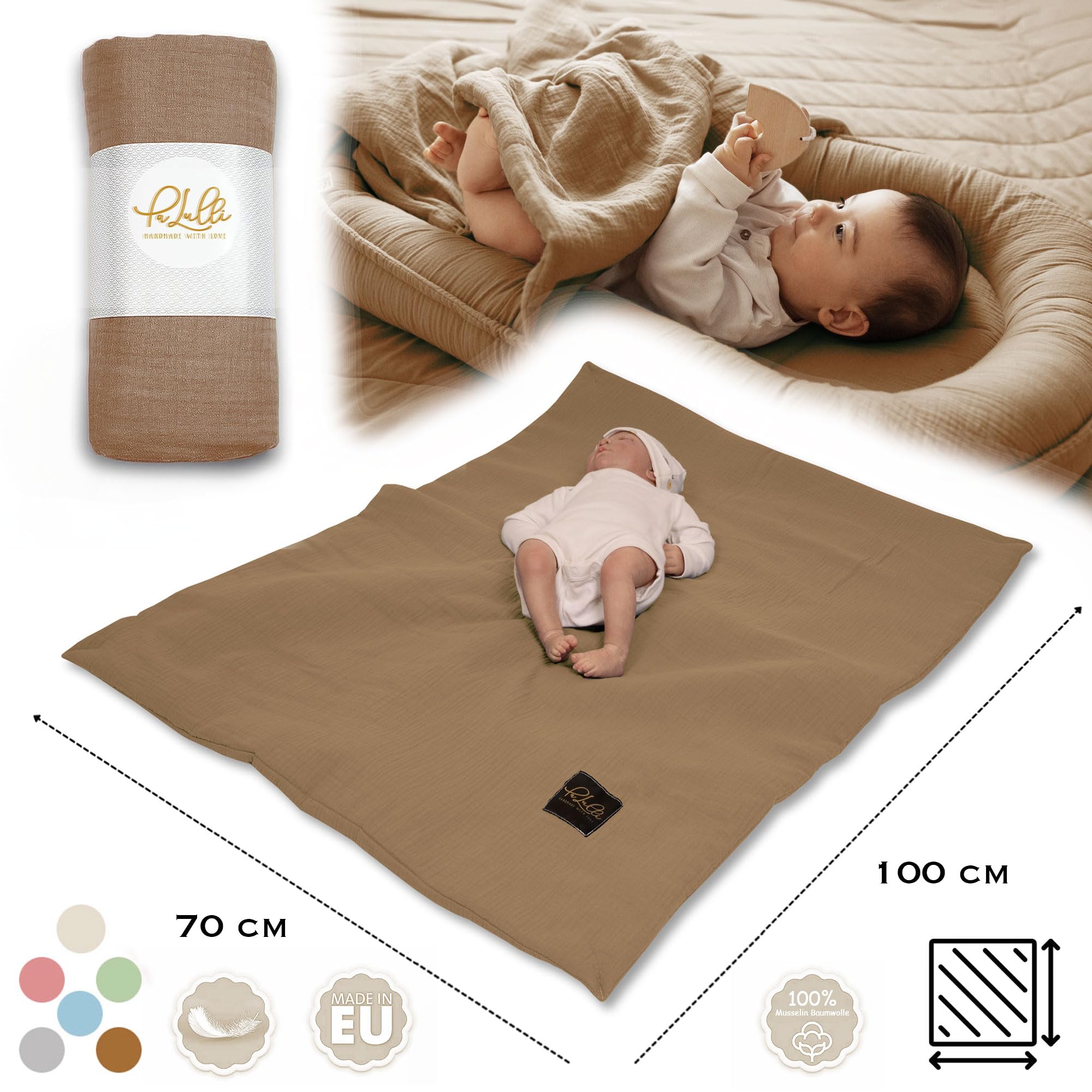 PALULLI® Kocyk dziecięcy 2 w 1 z kocem dla niemowląt, 100% bawełna, wysokiej jakości, kocyk dla niemowląt, 100 x 60 cm, z klapką na rzepy, ściółka, poduszka do przewijania, kokon, niemowlęta i