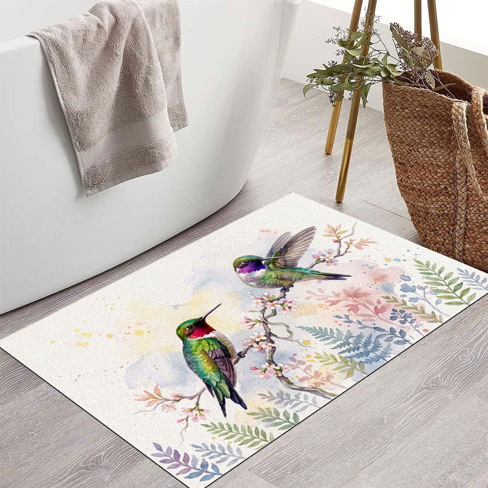 Zerbino Ingresso Interno Animali Ad Acquerello Naturale, Zerbino Di Benvenuto Lavabile Morbida Colibrì Floreale, Antiscivolo Tappeto Da Decorazioni Beige Per Casa Porta, 90X150Cm