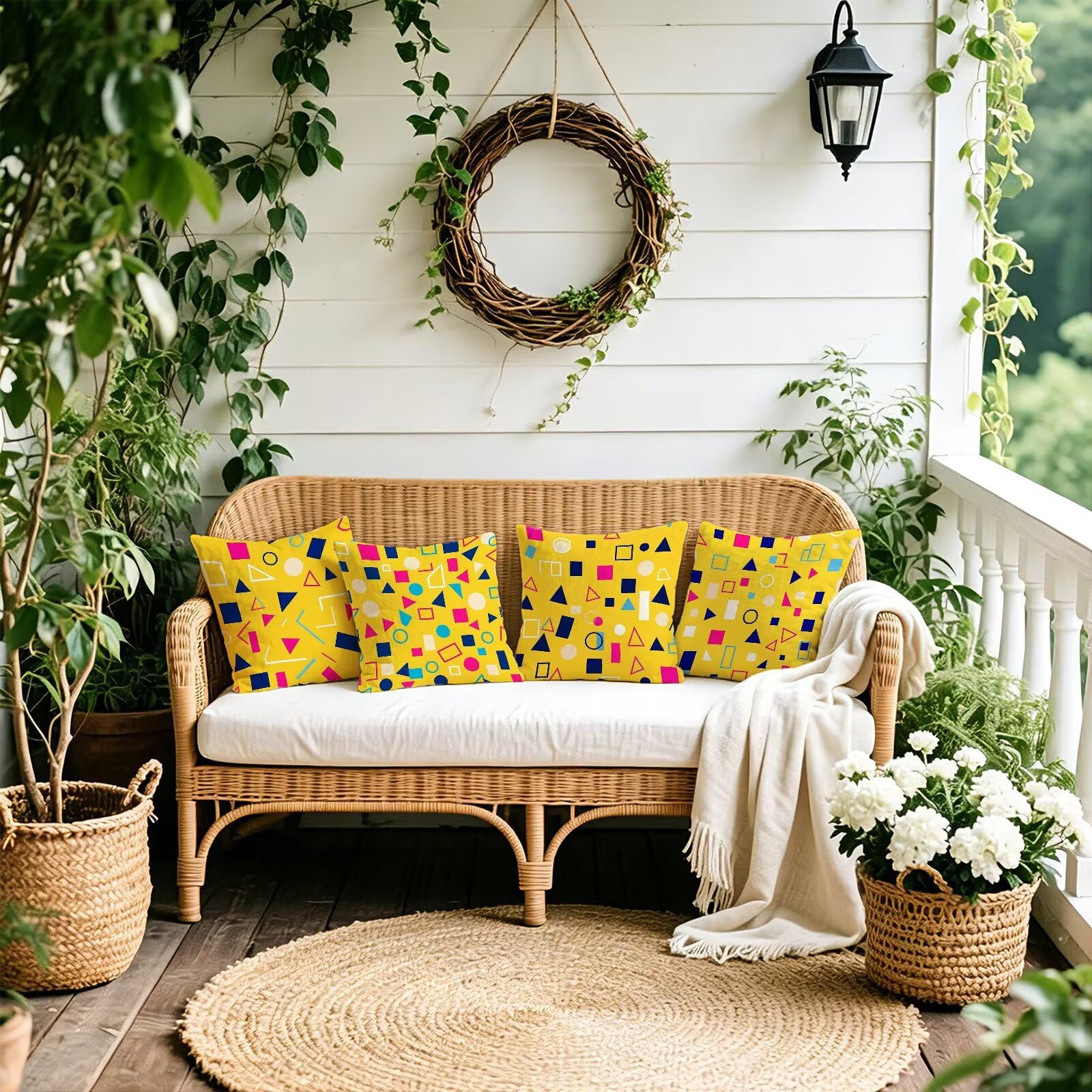 Giallo Federe Cuscini Divano 50x50cm, Cuscini da Esterno Set de 4, Cod-113 | Velour Copricuscini Decorativi Letto Arredo, per Letto, Soggiorno, Giardino, Esterno, Casa Decorazione Set di 4 Geometria