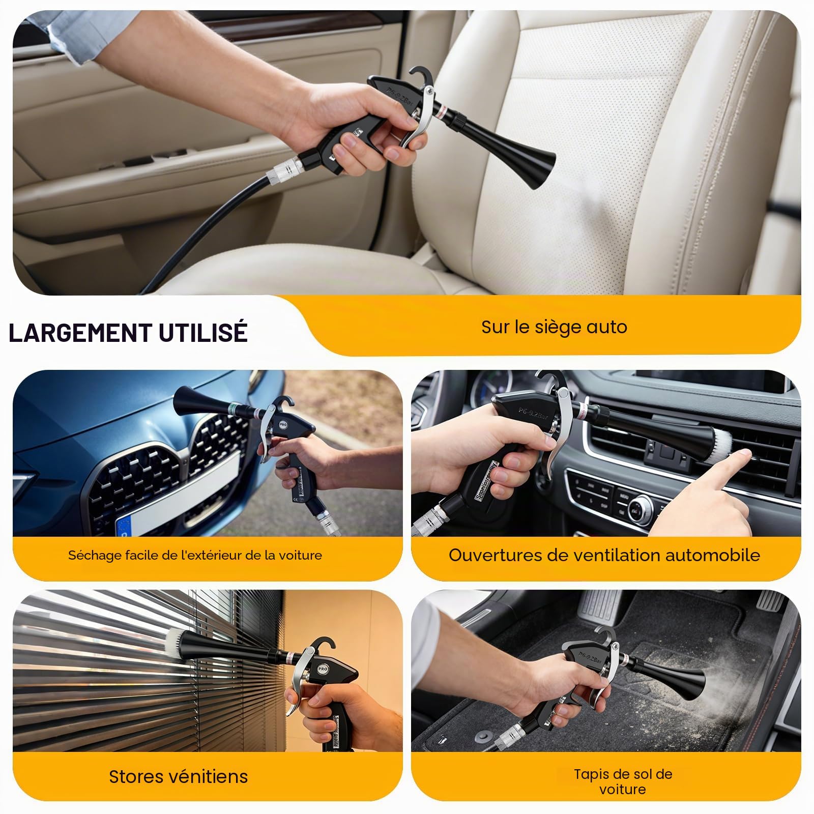 Pistolet de nettoyage à sec, pistolet de nettoyage pour l'intérieur de voiture, séchoir d'intérieur, outils d'entretien automobile avec 2 buses 2 tuyaux en plastique pour éliminer la saleté