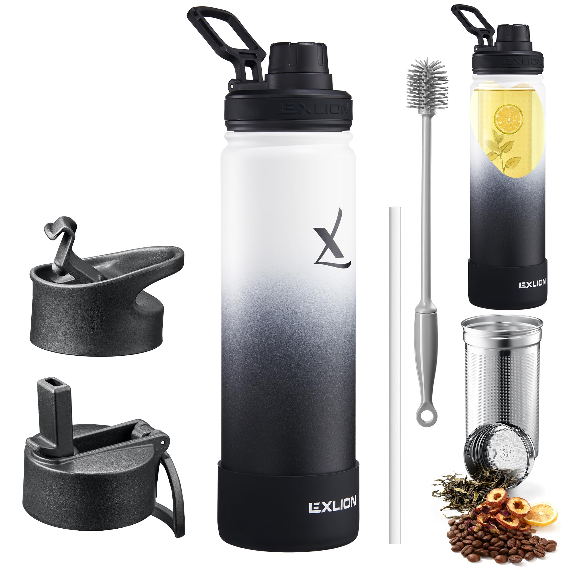 Lexlion Botella infusora de té, botella de agua con infusor de frutas de 22 onzas, botella de acero inoxidable aislada de triple pared, infusor térmico de hojas, funda de silicona, cepillo de