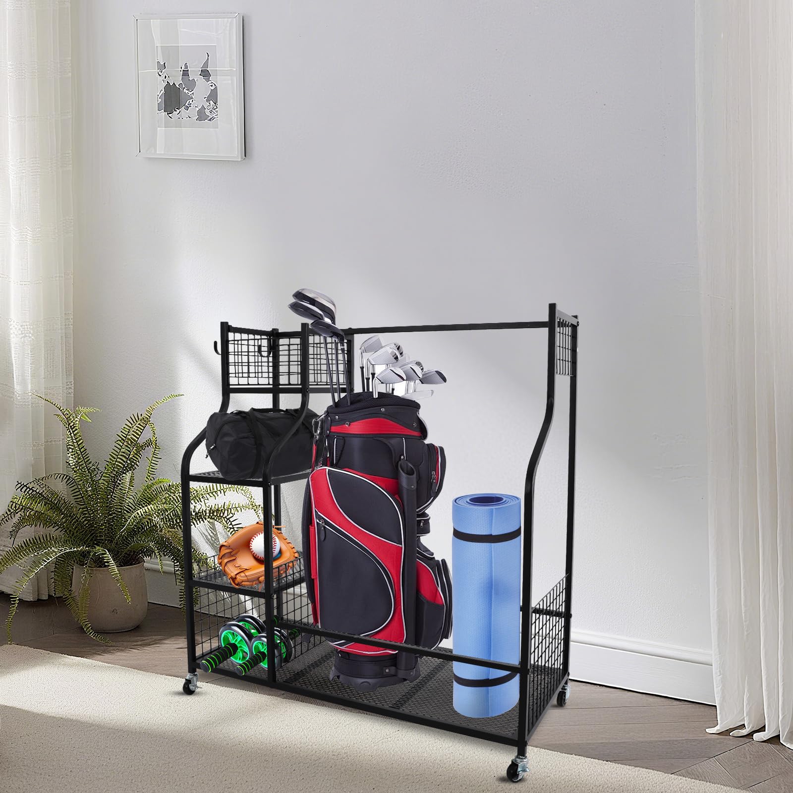 Golftaschen Organizer, Metall Golftaschenregal Golf-Aufbewahrungsregal mit 4 Rädern für Golftaschen und Golfzubehör