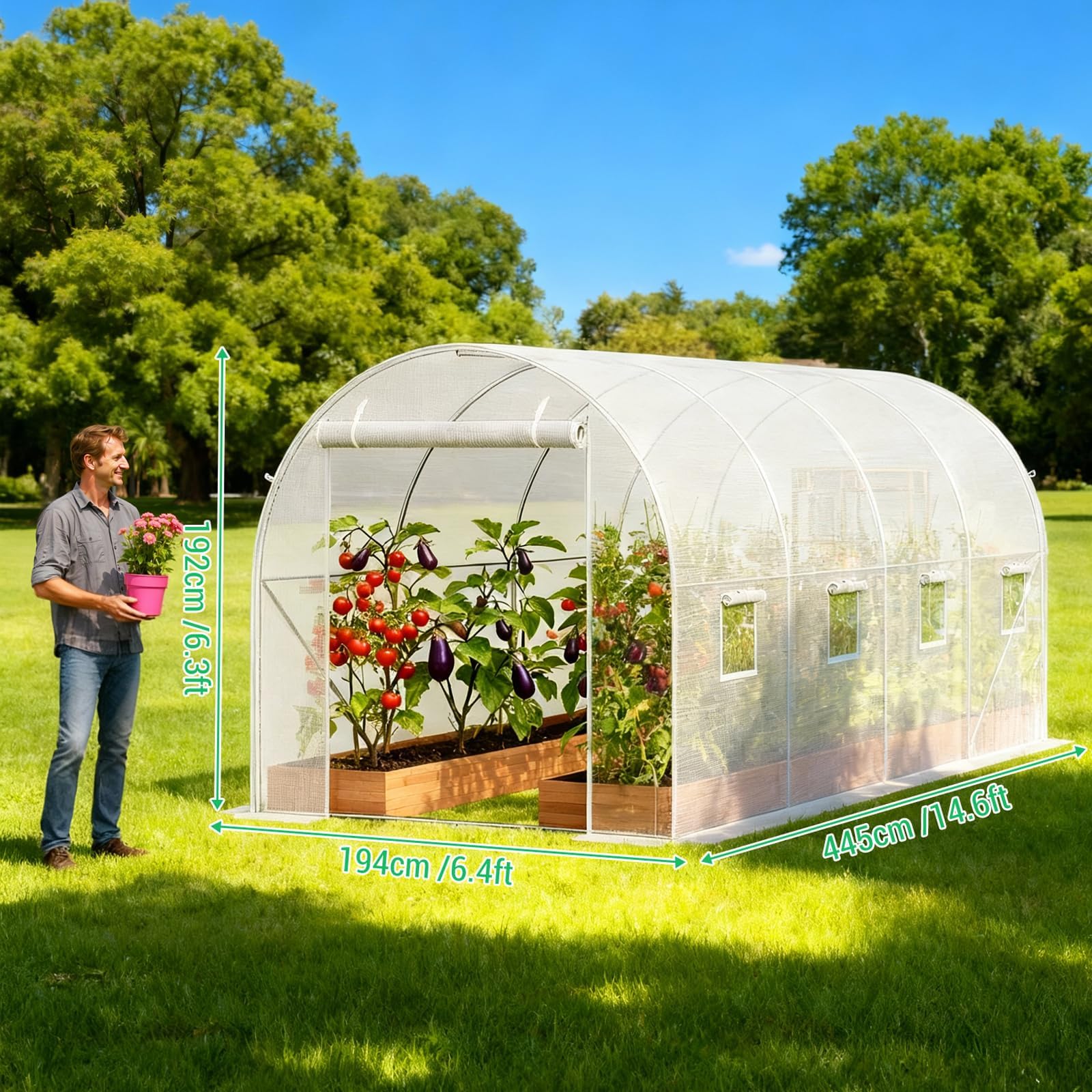 Garvee Invernadero de jardín túnel con Estructura de Acero galvanizado Robusto, Cobertura de Red PE 140 g Anti-UV, 8 Ventanas enrollables y Puerta Doble Cremallera, ventilación óptima, Ideal para