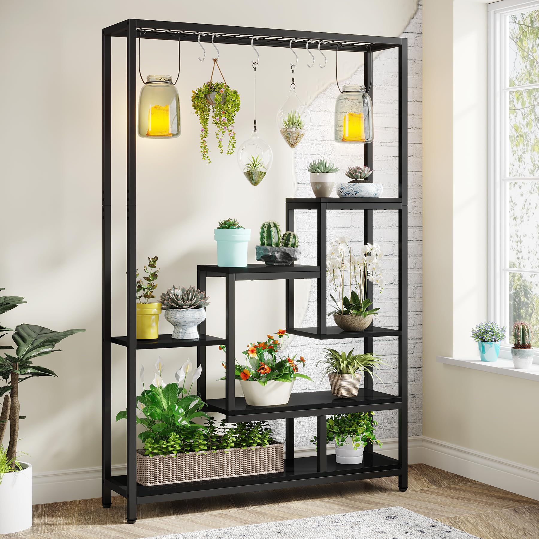 Tribesigns Support pour plantes d'intérieur à 5 niveaux - Grande étagère en métal de 180,1 cm avec 10 crochets de suspension en S - Multifonction - Pour intérieur, jardin, balcon, salon - Noir