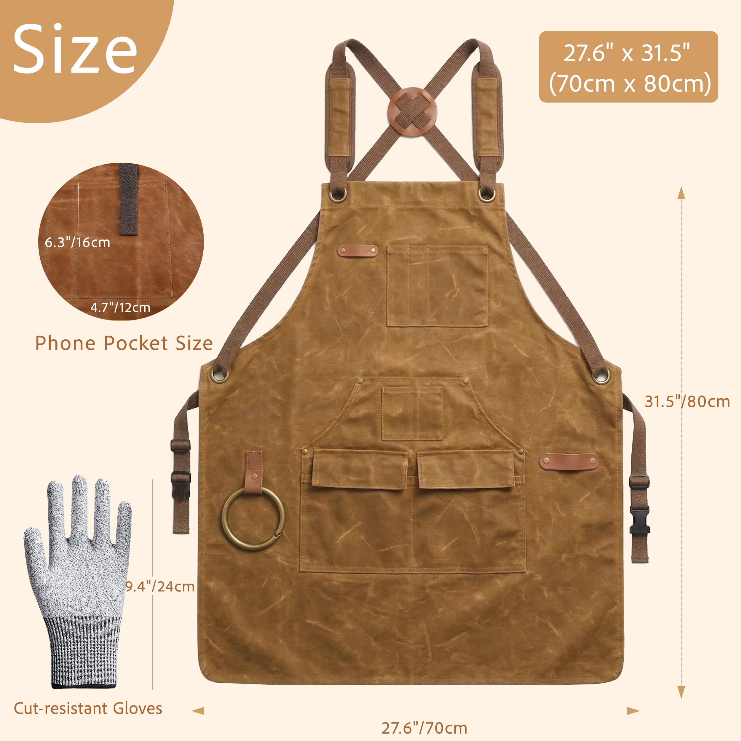 Tablier de Travail Homme en Toile Cirée 20oz – Robuste & Imperméable – Tablier Menuisier & Atelier avec 9 Poches, Aimant & Gants Anti-Coupure (Réglable S-XXXL