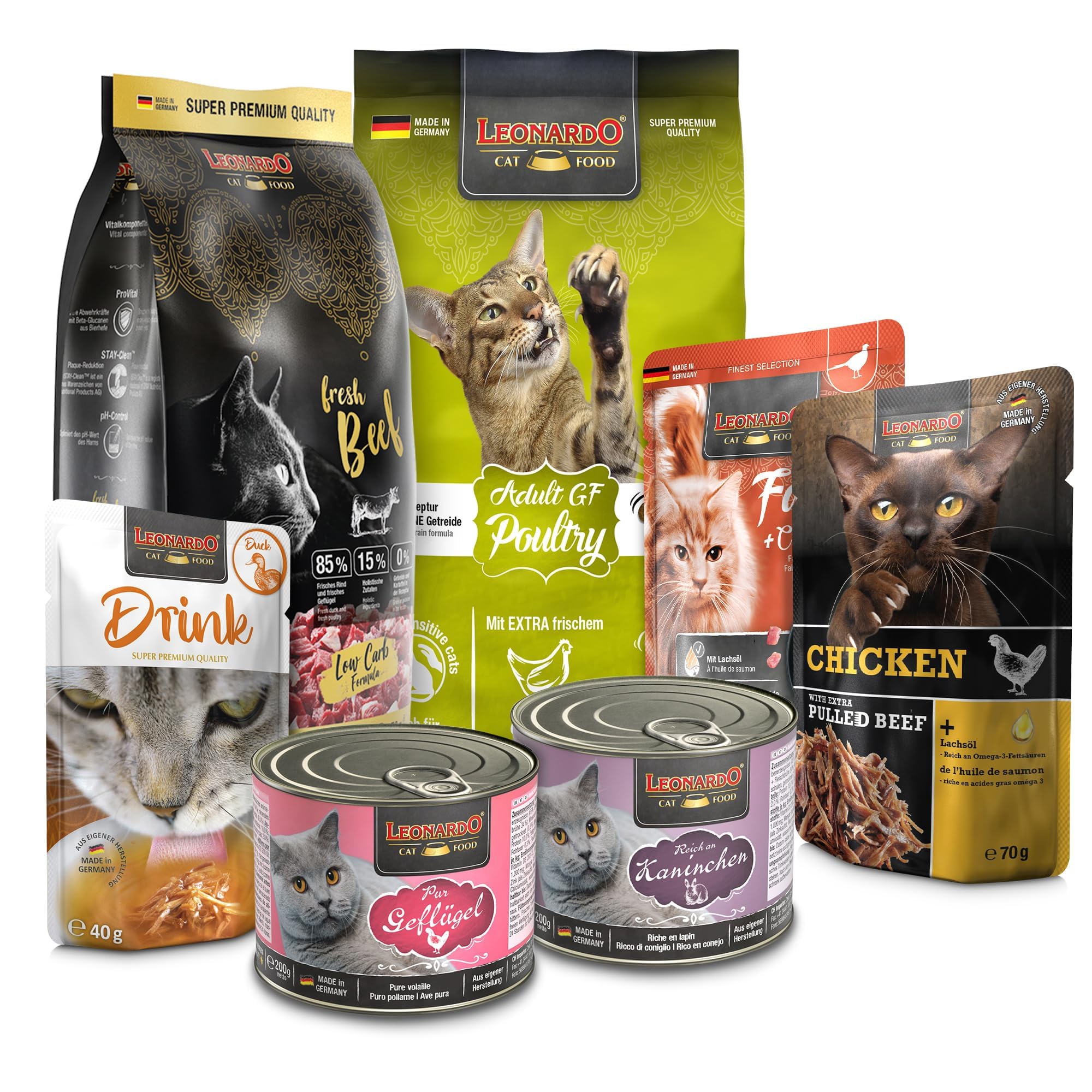 LEONARDO Katzenfutter Kennenlernpaket, 2 Sorten Trockenfutter und 5 Sorten Nassfutter für Katzen, ohne Zusatzstoffe, für alle Rassen, Made in Germany