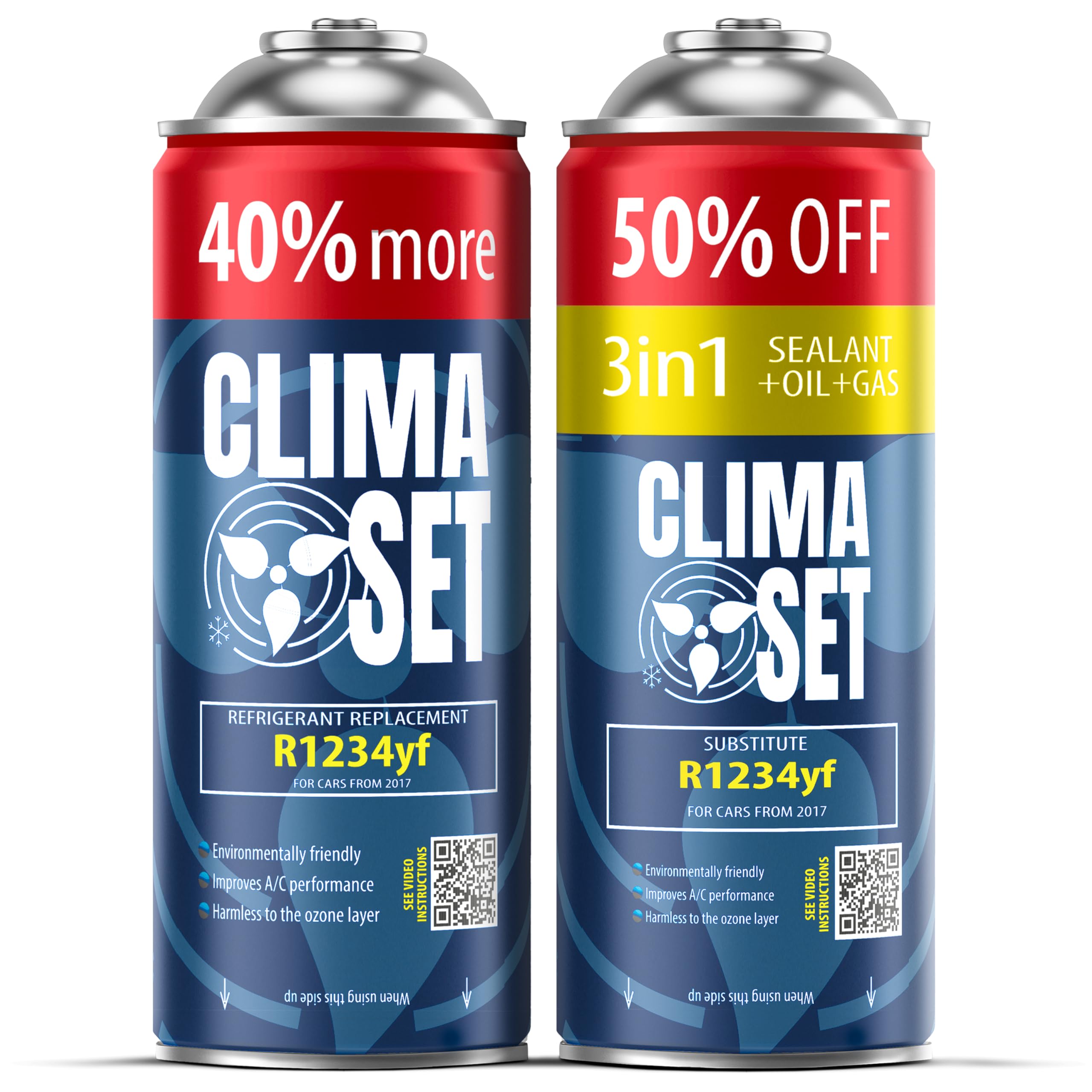 ClimaSet 3 in 1 R1234yf refrigerante gas di ricambio – refrigerante per auto con sigillante climatico e olio – bombola del gas 2 x 325 g – set di ricarica per aria condizionata auto – aria