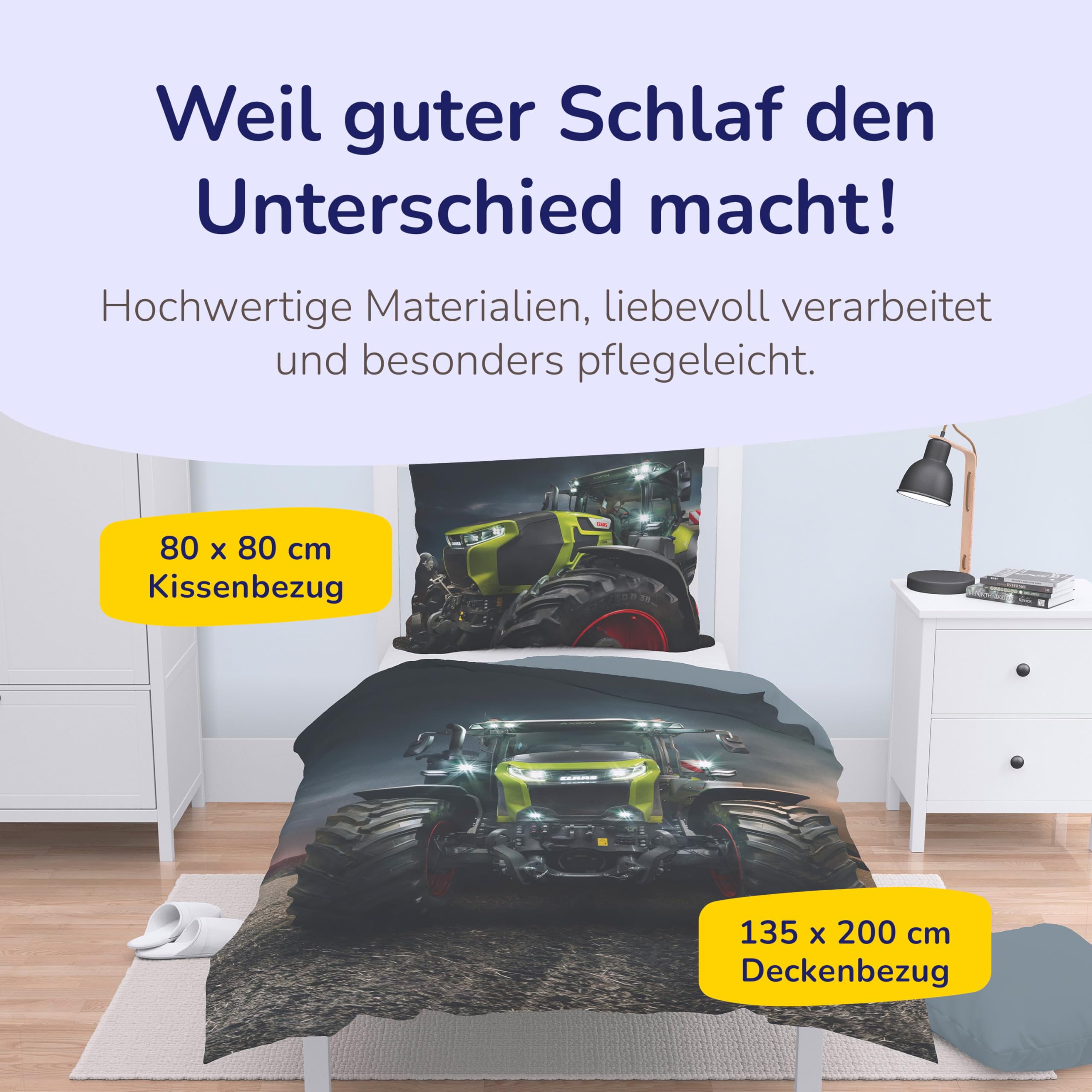 Träumschön Premium Jungen Bettwäsche 135x200 + 80x80 cm - CLAAS Axion Traktor Motiv - Sommer Bettwäsche aus Baumwolle – Weich